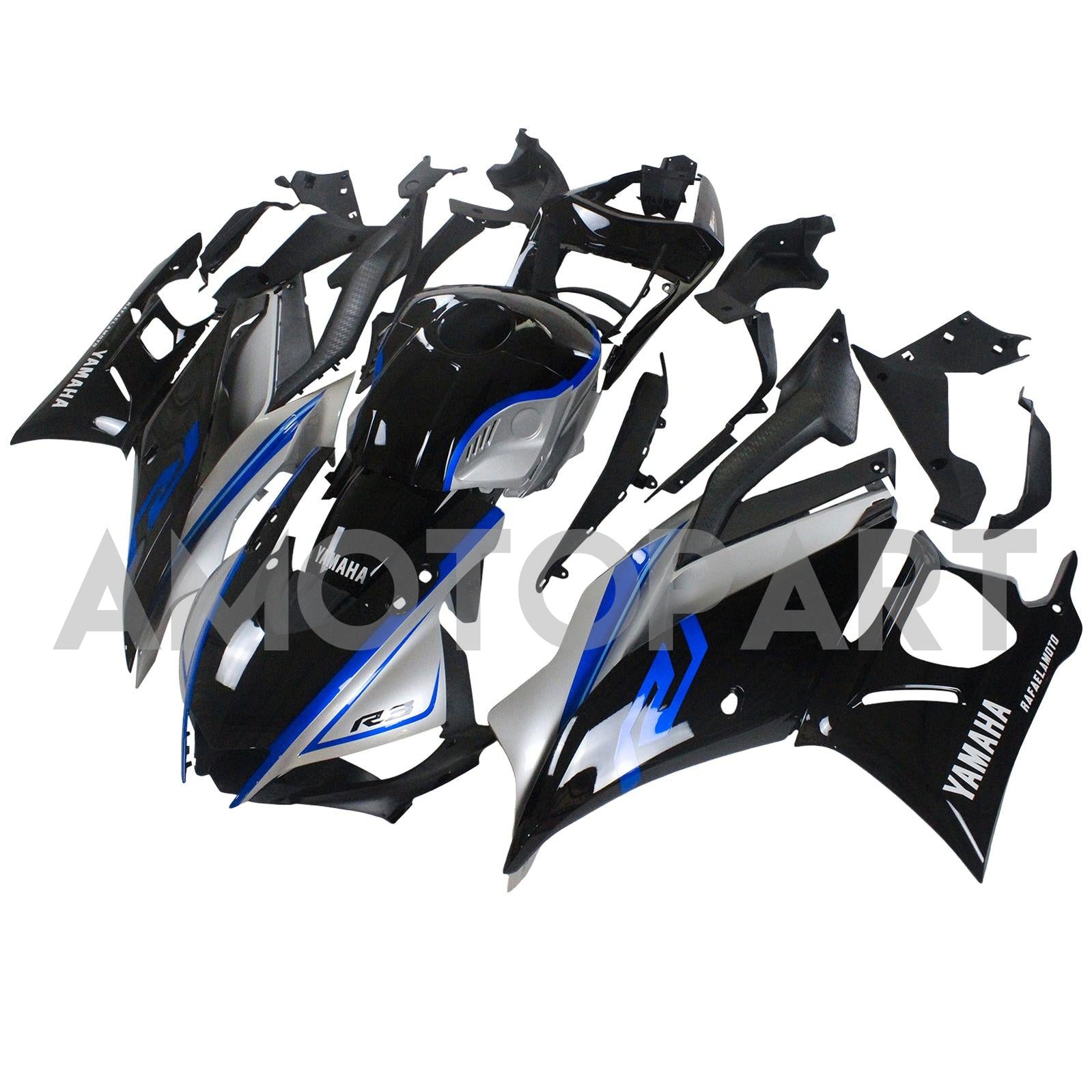 Amotopart Yamaha 2019-2021 YZF R3/YZF R25 Black Sliver Blue Fairing Kit
