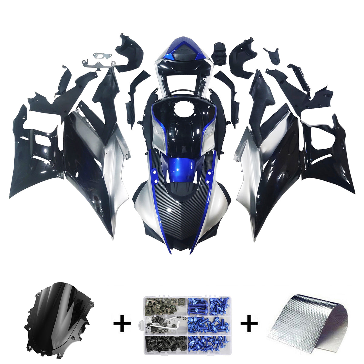 Amotopart Yamaha 2019–2021 YZF R3/YZF R25 Blau&Verkleidungssatz aus silberner Kohlefaser