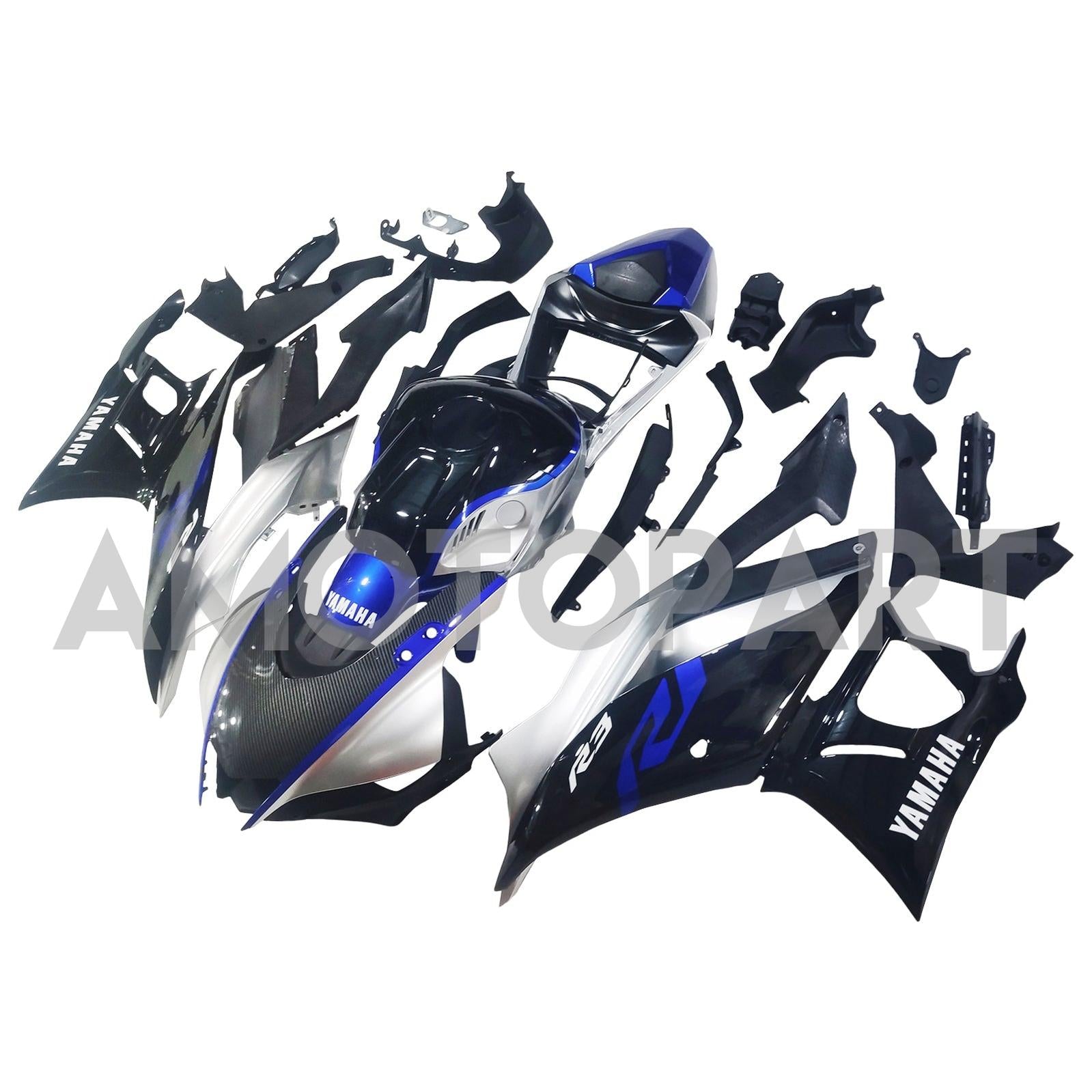 Amotopart Yamaha 2019-2021 YZF R3/YZF R25 Bleu&Kit de carénage en fibre de carbone argenté