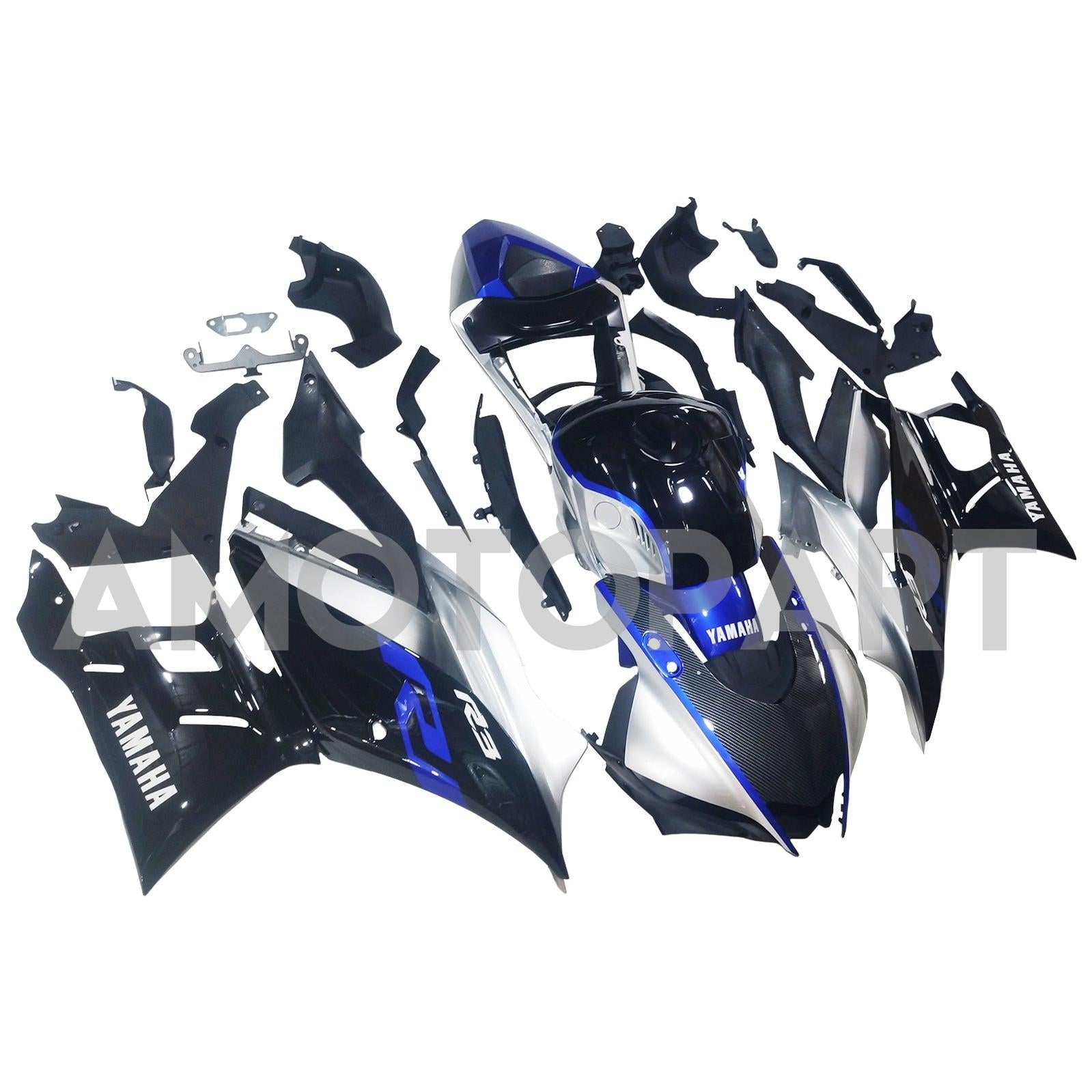 Amotopart Yamaha 2019-2021 YZF R3/YZF R25 Bleu&Kit de carénage en fibre de carbone argenté