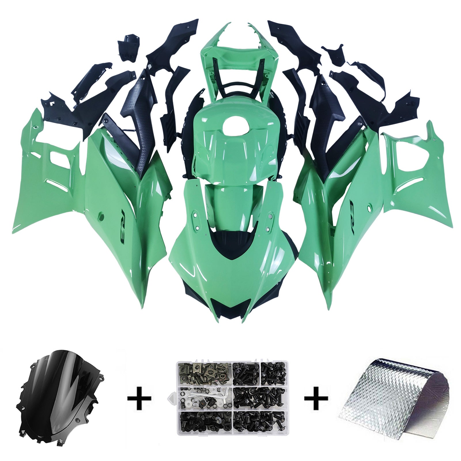 Amotopart 2019-2021 Yamaha YZF-R3 R25 Black Light Green Fairing Kit