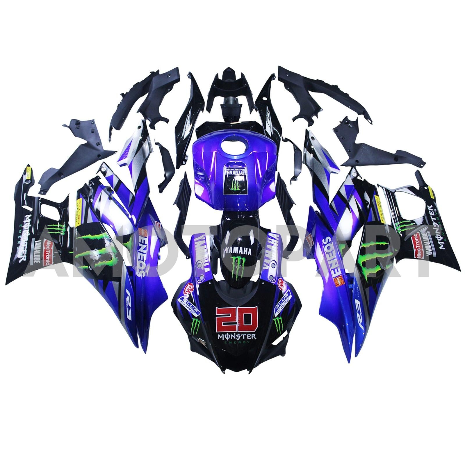 Amotopart 2019-2021 Yamaha YZF-R3 R25 Blue Black Fairing Kit