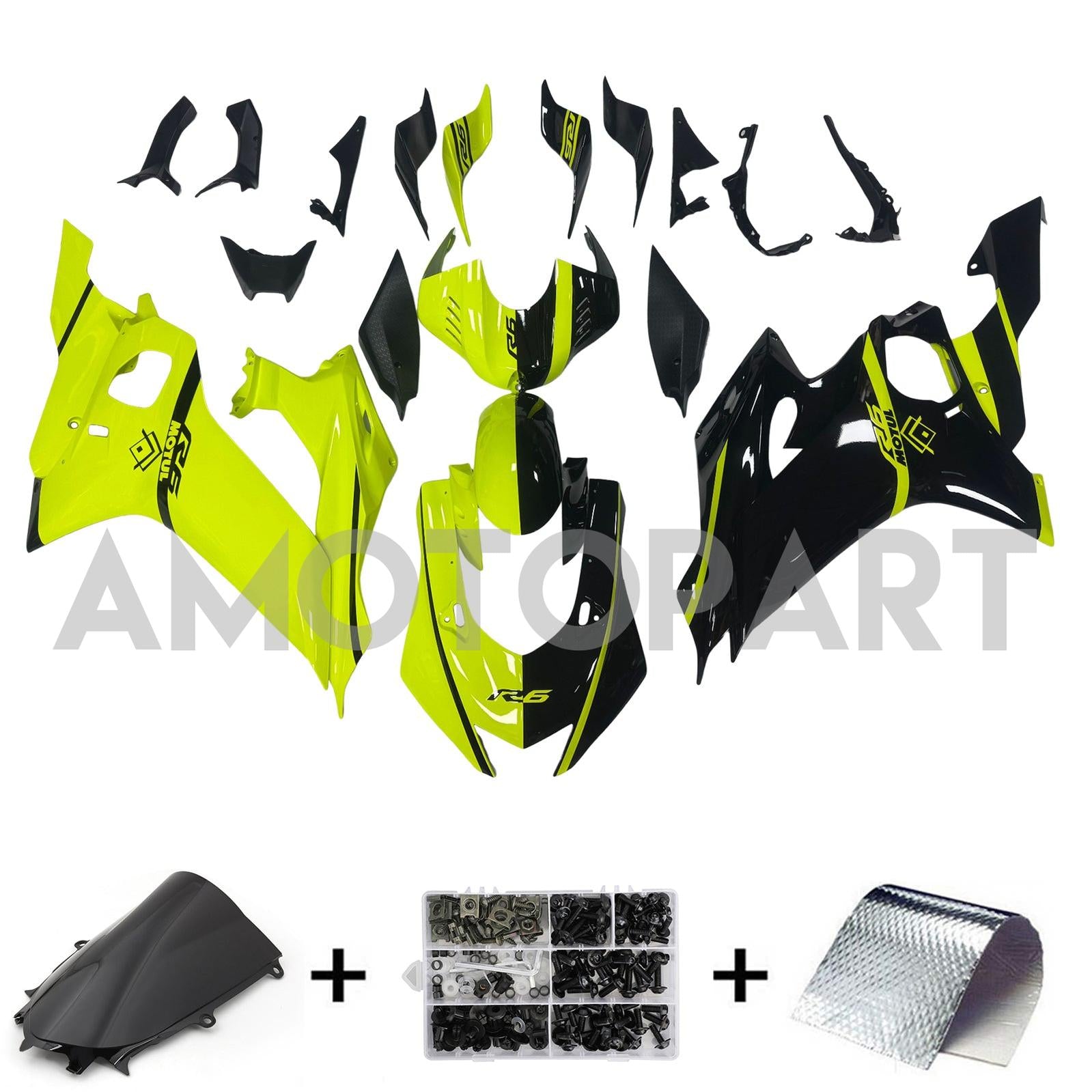 Amotopart Yamaha YZF-R6 2017-2023 Black & Neon Yellow Fairing Kit