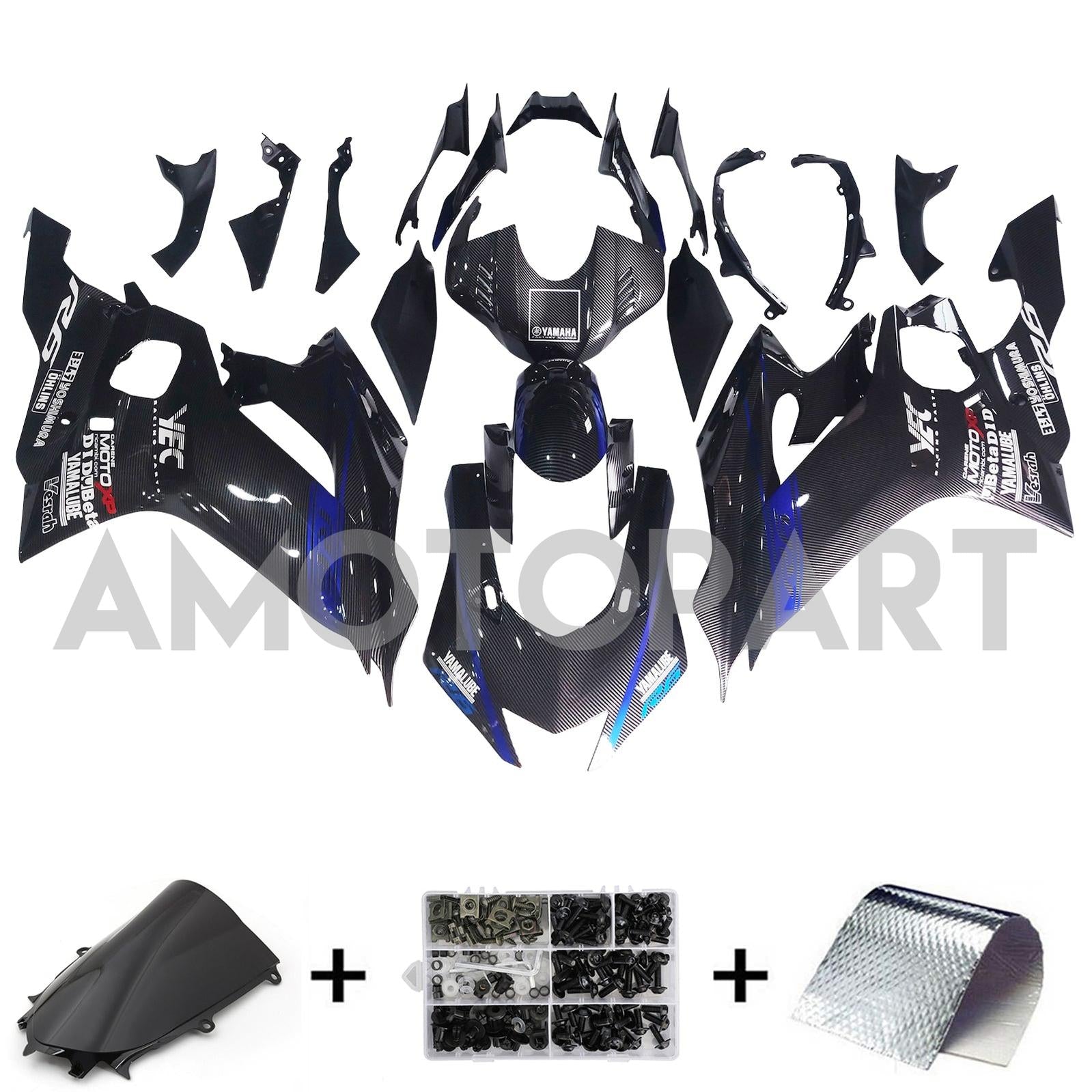 Amotopart 2017-2023 Yamaha YZF R6 Carbonfaser Schwarz grau Blaues Abzugskit