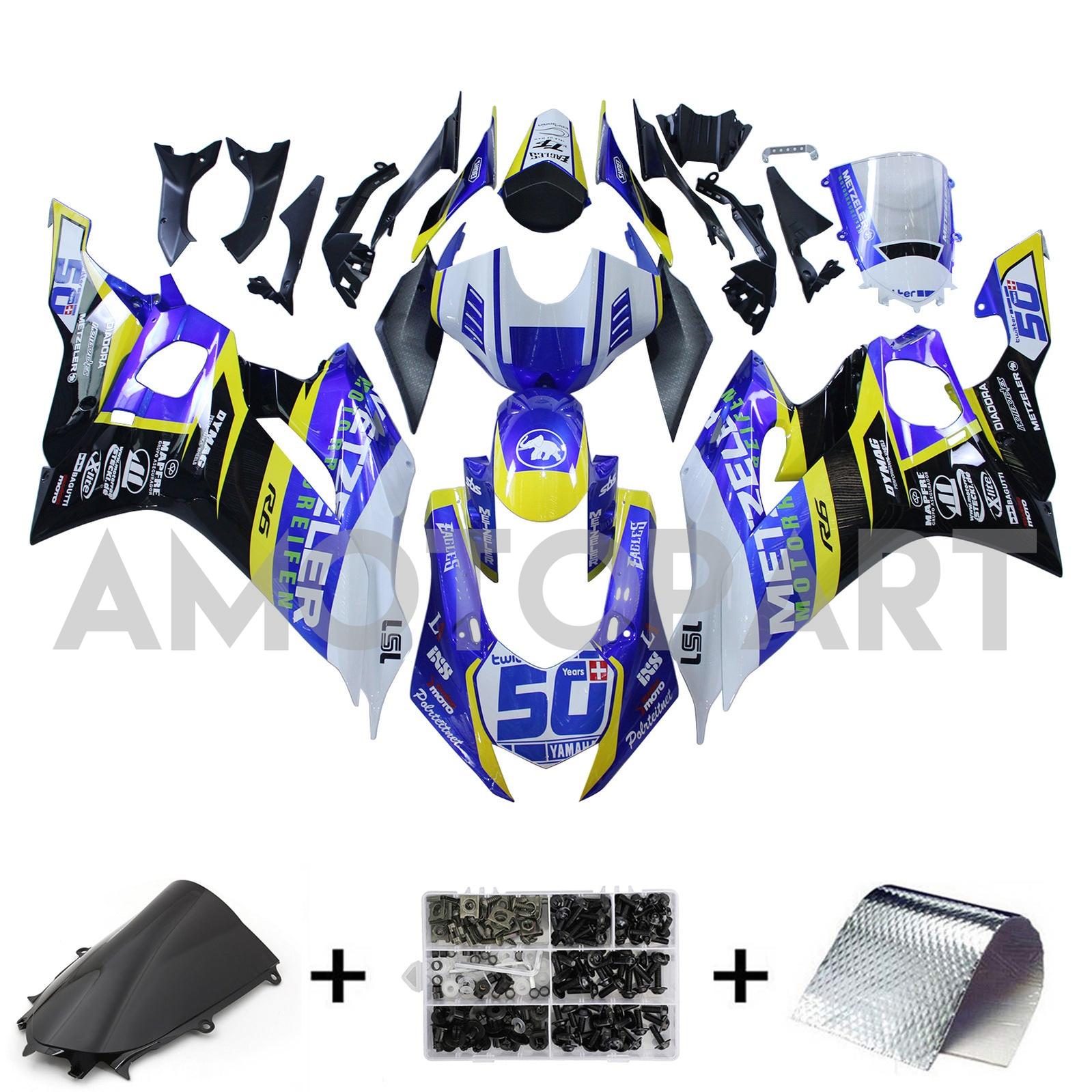 Amotopart 2017-2023 Yamaha YZF R6 White Blue Black Black Yellow Fearing Kit