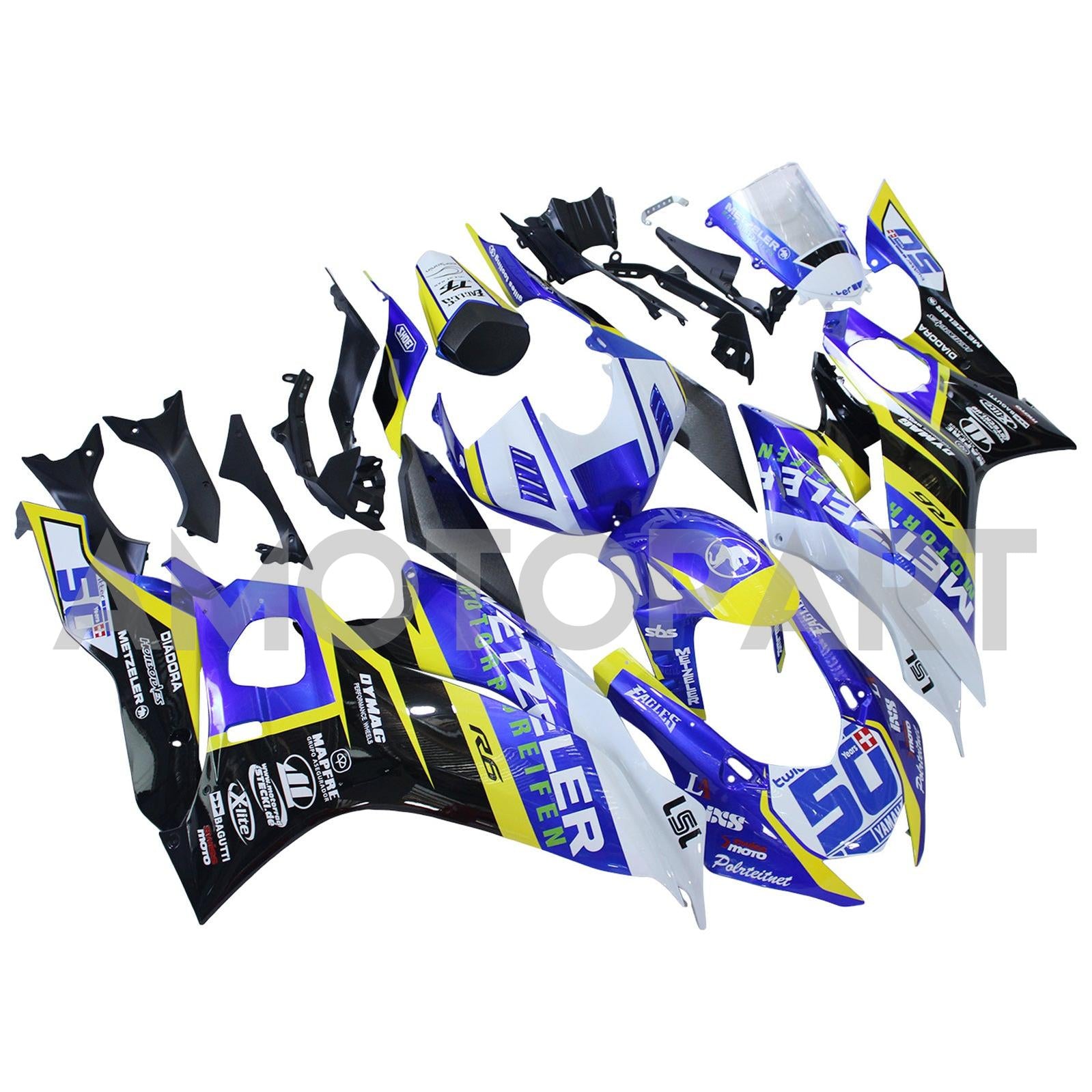 Amotopart 2017-2023 Yamaha YZF R6 White Blue Black Black Yellow Fearing Kit