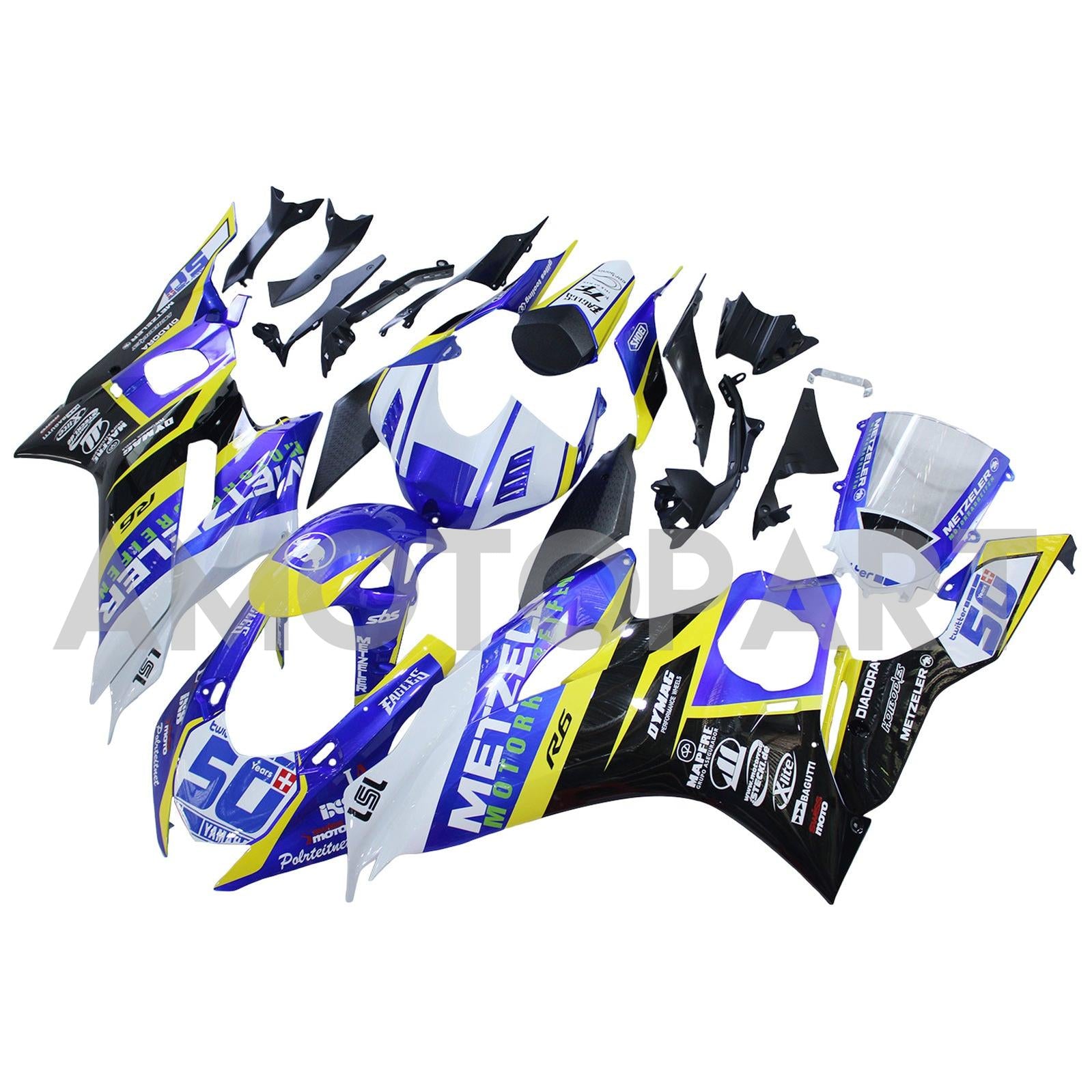 Amotopart 2017-2023 Yamaha YZF R6 White Blue Black Black Yellow Fearing Kit