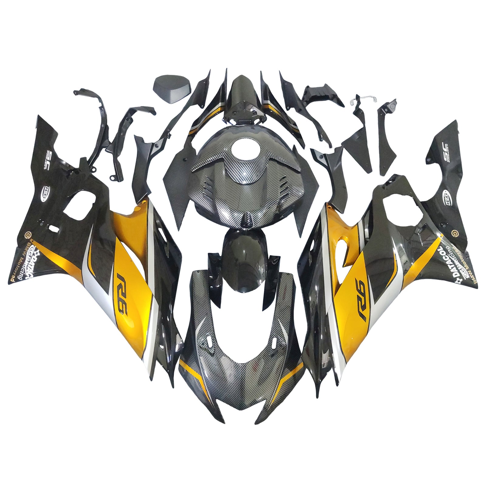 Amotopart 2017-2023 Yamaha YZF R6 Carbon Fiber Gold Black Fairing Kit