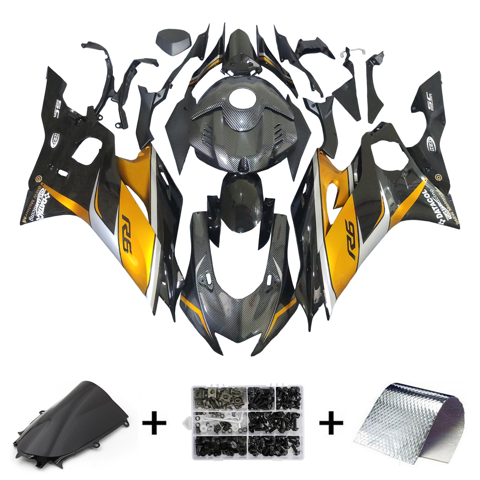Amotopart 2017-2023 Yamaha YZF R6 Carbon Fiber Gold Black Fairing Kit
