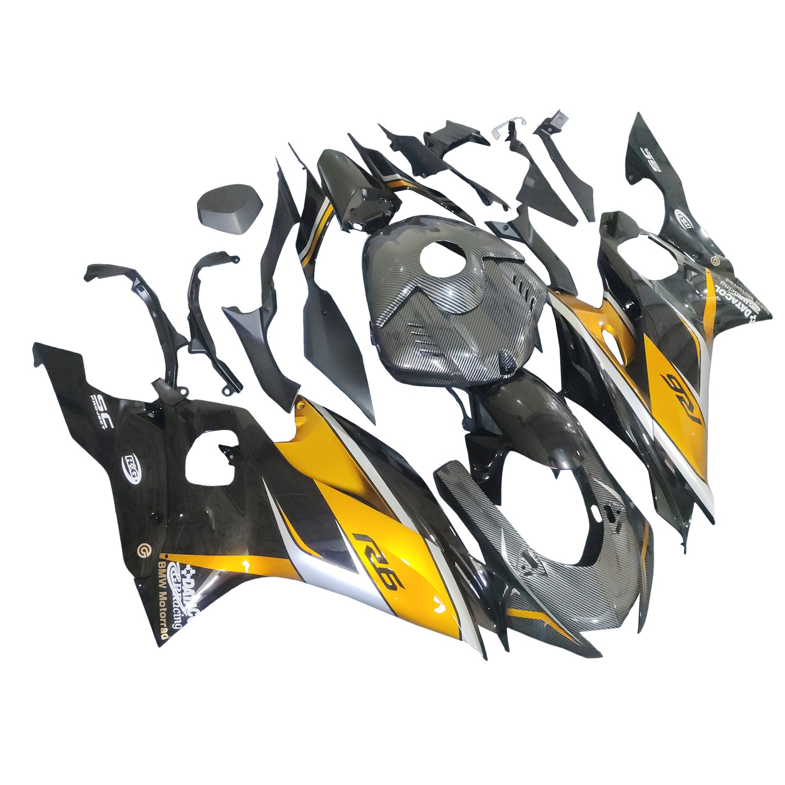 Amotopart 2017-2023 Yamaha YZF R6 Carbon Fiber Gold Black Fairing Kit