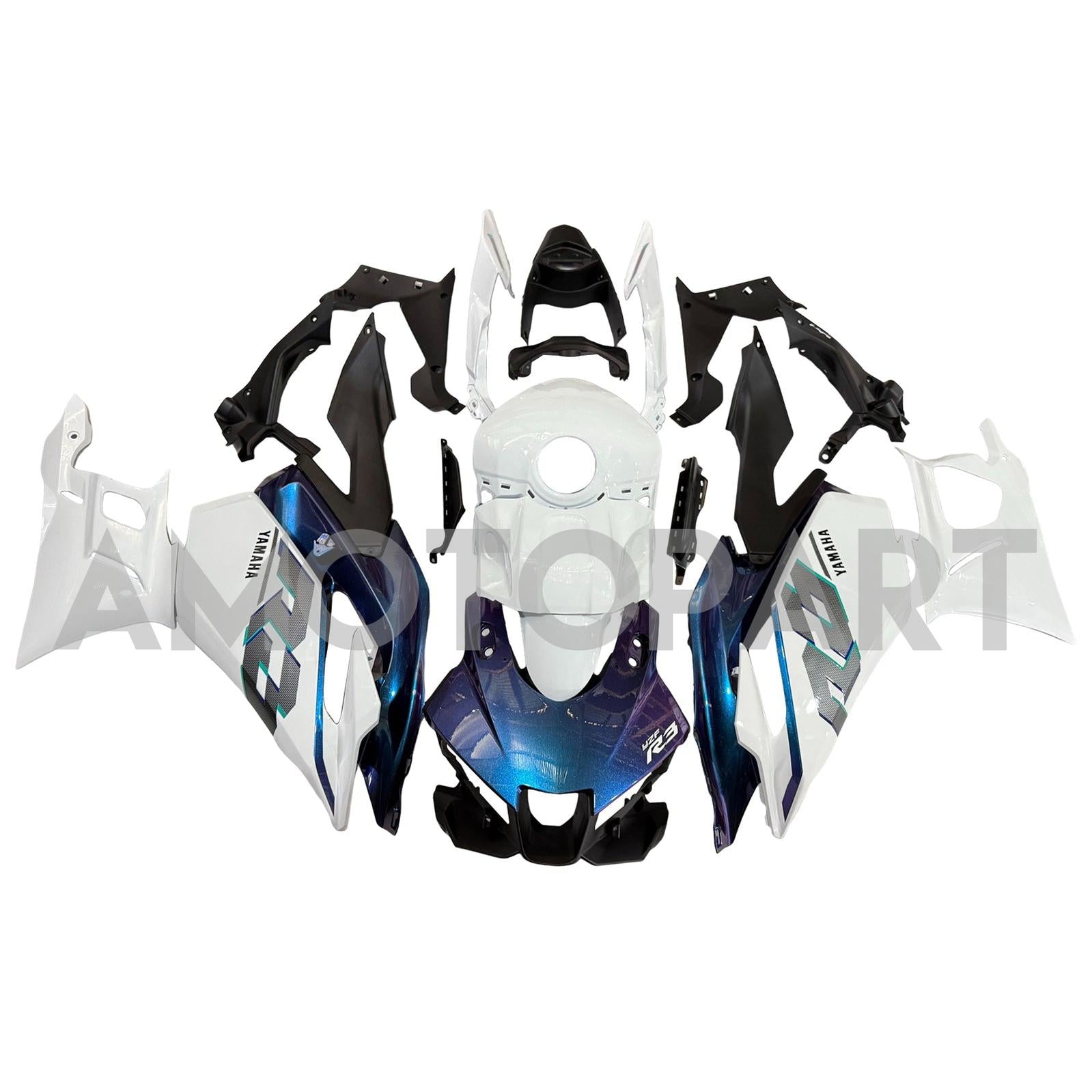 Amotopart 2025-2026 Yamaha YZF R3 YZF R25 Gloss White Blue Fairing Kit