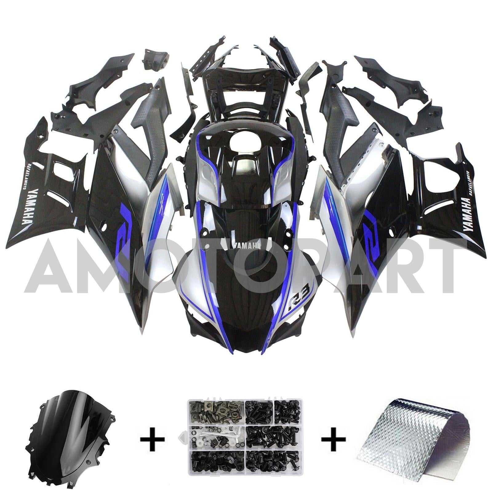 Amotopart 2022-2023 Yamaha YZF-R3 R25 Sliver & Black Fairing Kit