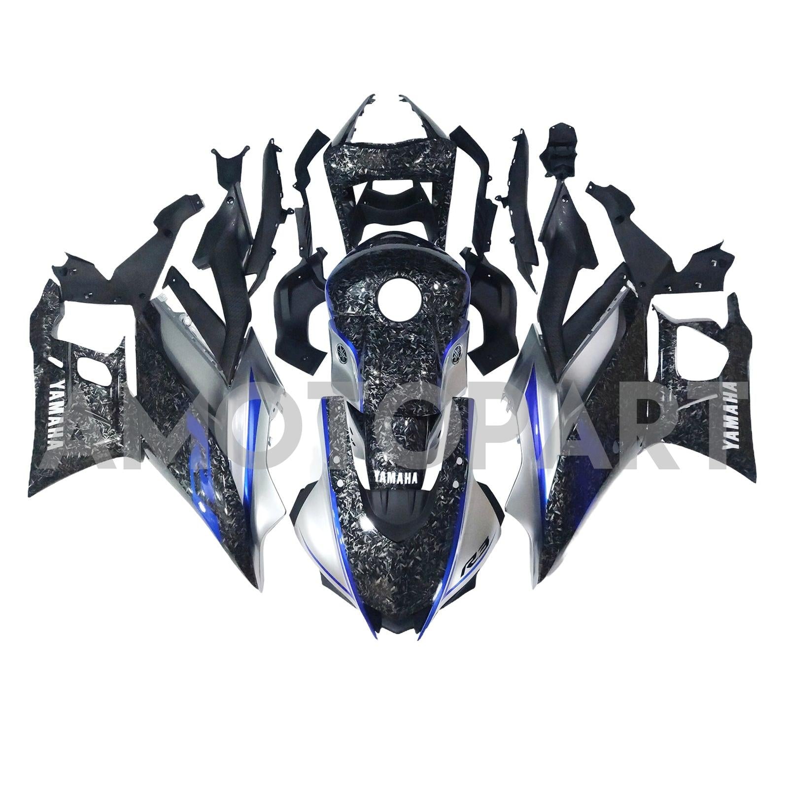 Amotopart 2022-2024 ヤマハ YZF-R3 R25 ブルー&マーブル カーボンファイバー フェアリングキット
