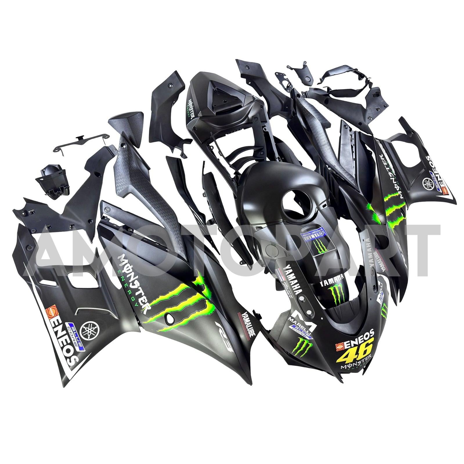 Amotopart 2022-2024 Yamaha YZF-R3 R25 Black with Monster Logo Fairing Kit