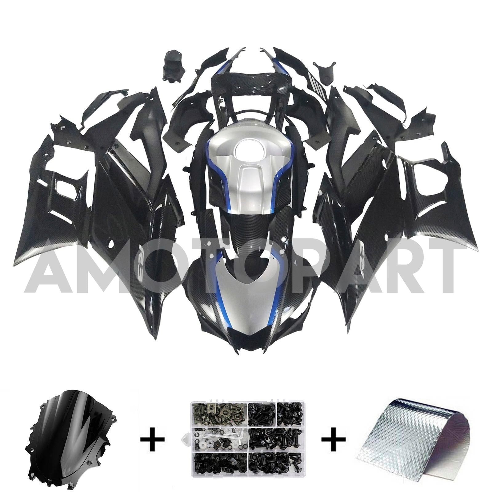 Amotopart 2022-2024 Yamaha YZF-R3 & R25 Carbon Fiber Black Silver Blue Grey Fairing Kit
