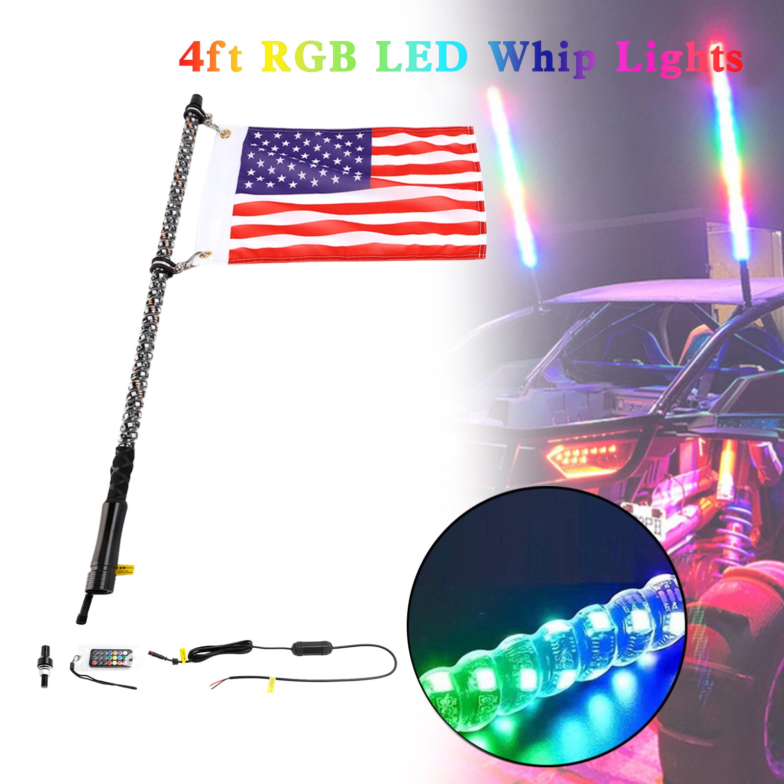 Polaris UTV ATV 4ft RGB LED APP Whip Lights Antenna W/ Flag Remote Control