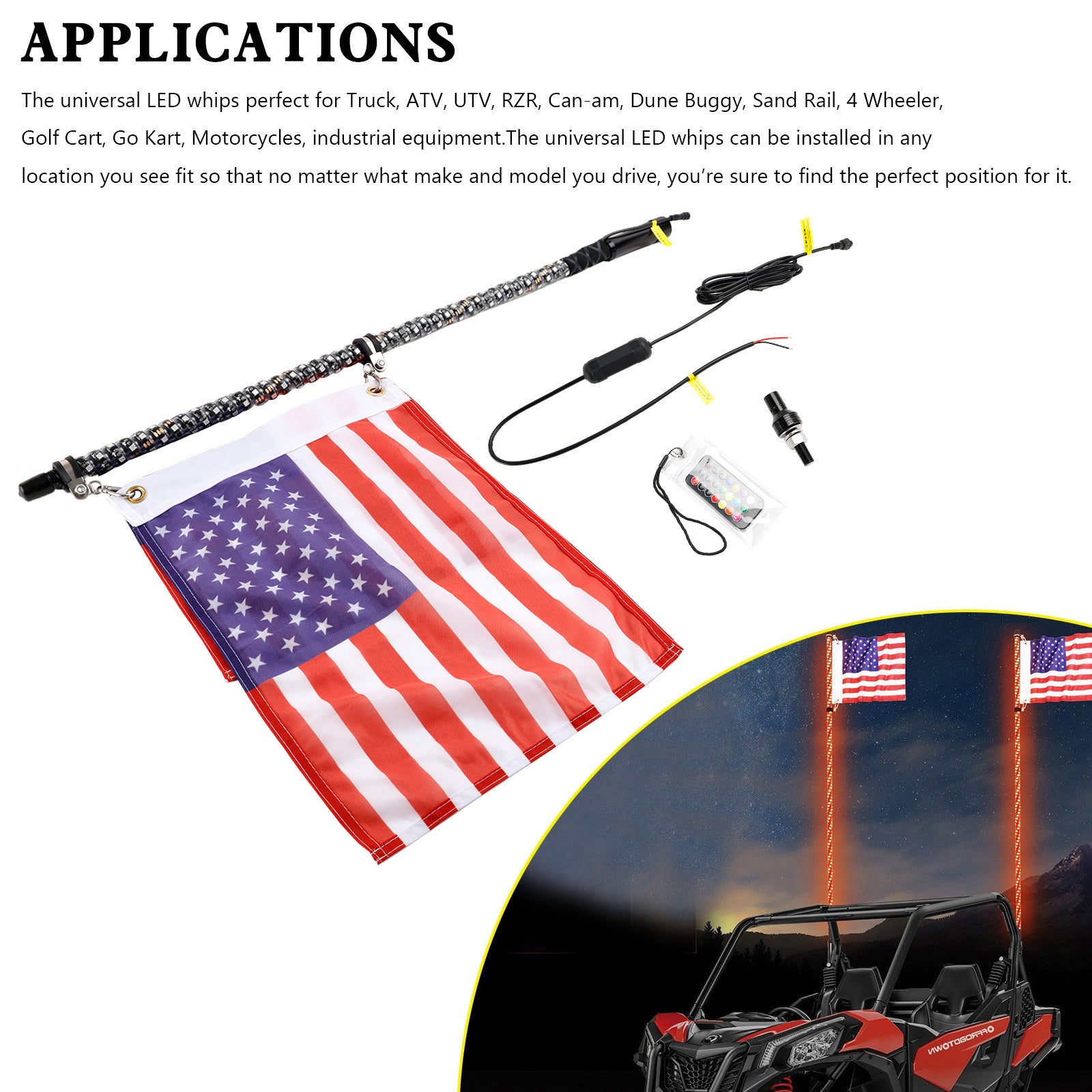 Polaris UTV ATV 4ft RGB LED APP Whip Lights Antenna W/ Flag Remote Control