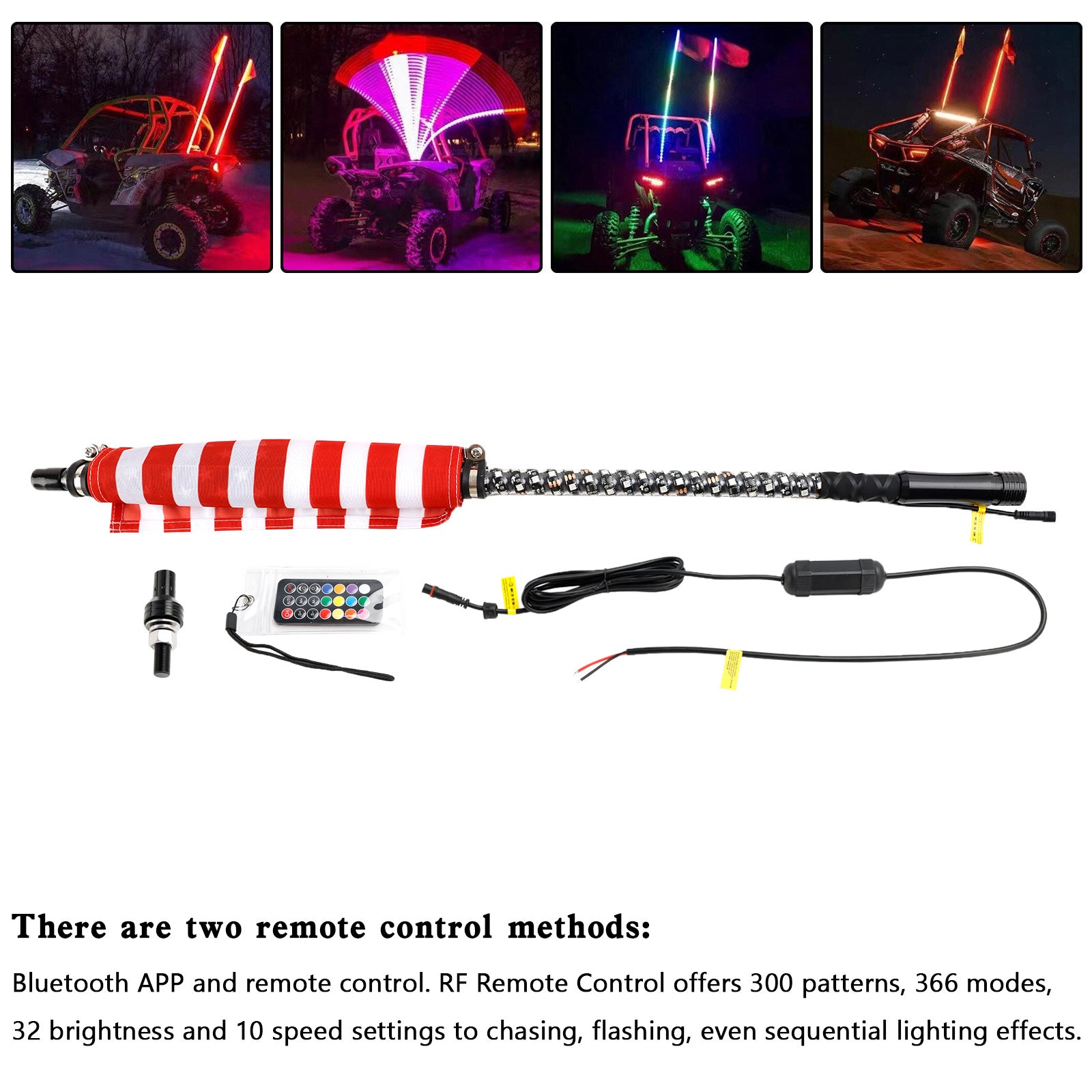 Polaris UTV ATV 4ft RGB LED APP Whip Lights Antenna W/ Flag Remote Control