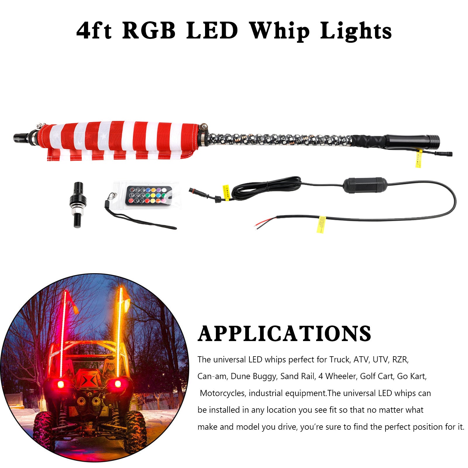 Polaris UTV ATV 4ft RGB LED APP Whip Lights Antenna W/ Flag Remote Control