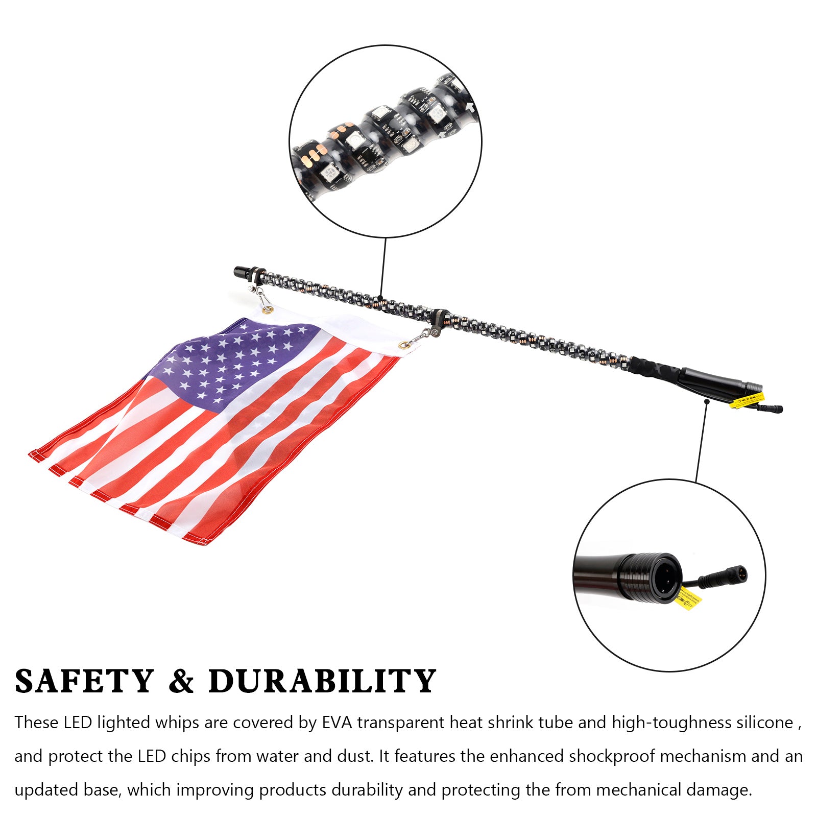 Polaris UTV ATV 4ft RGB LED APP Whip Lights Antenna W/ Flag Remote Control