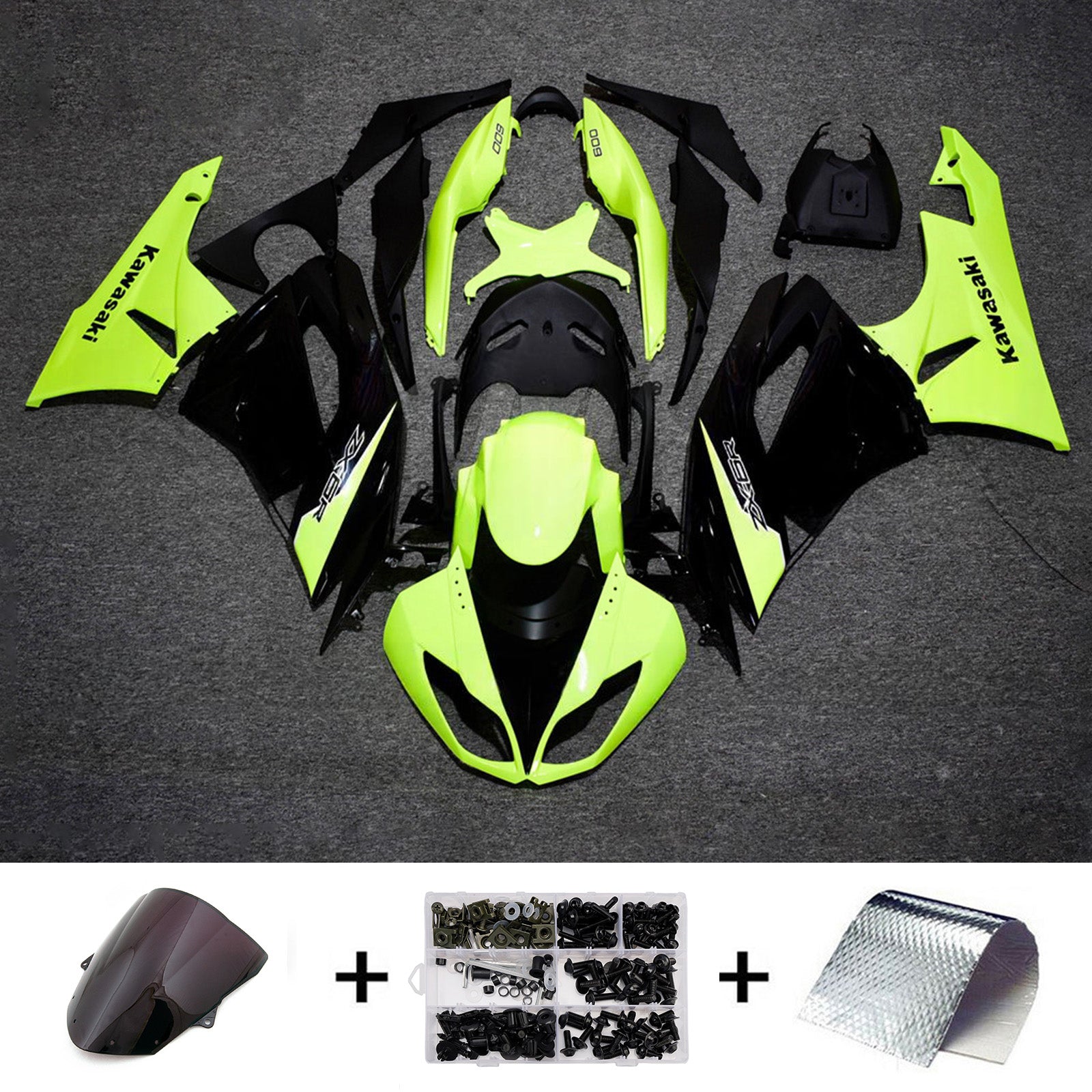 Amotopart 2009-2012 Kawasaki ZX6R 636 Fluorescence Green & Black Fairing Kit