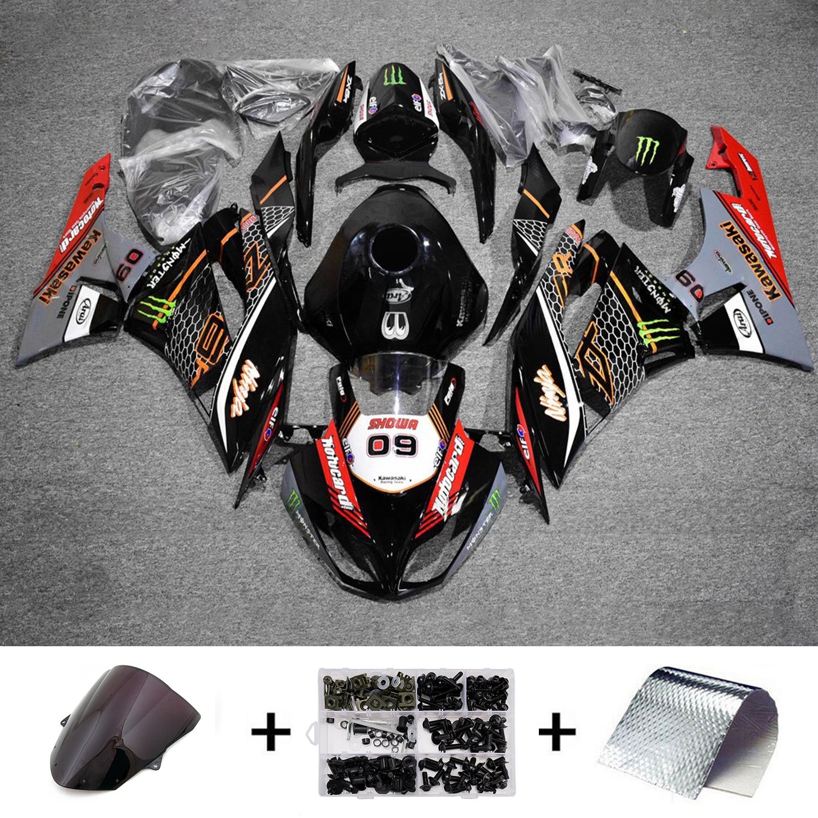 Amotopart 2009-2012 Kawasaki ZX6R 636 Black Red Grey Fairing Kit