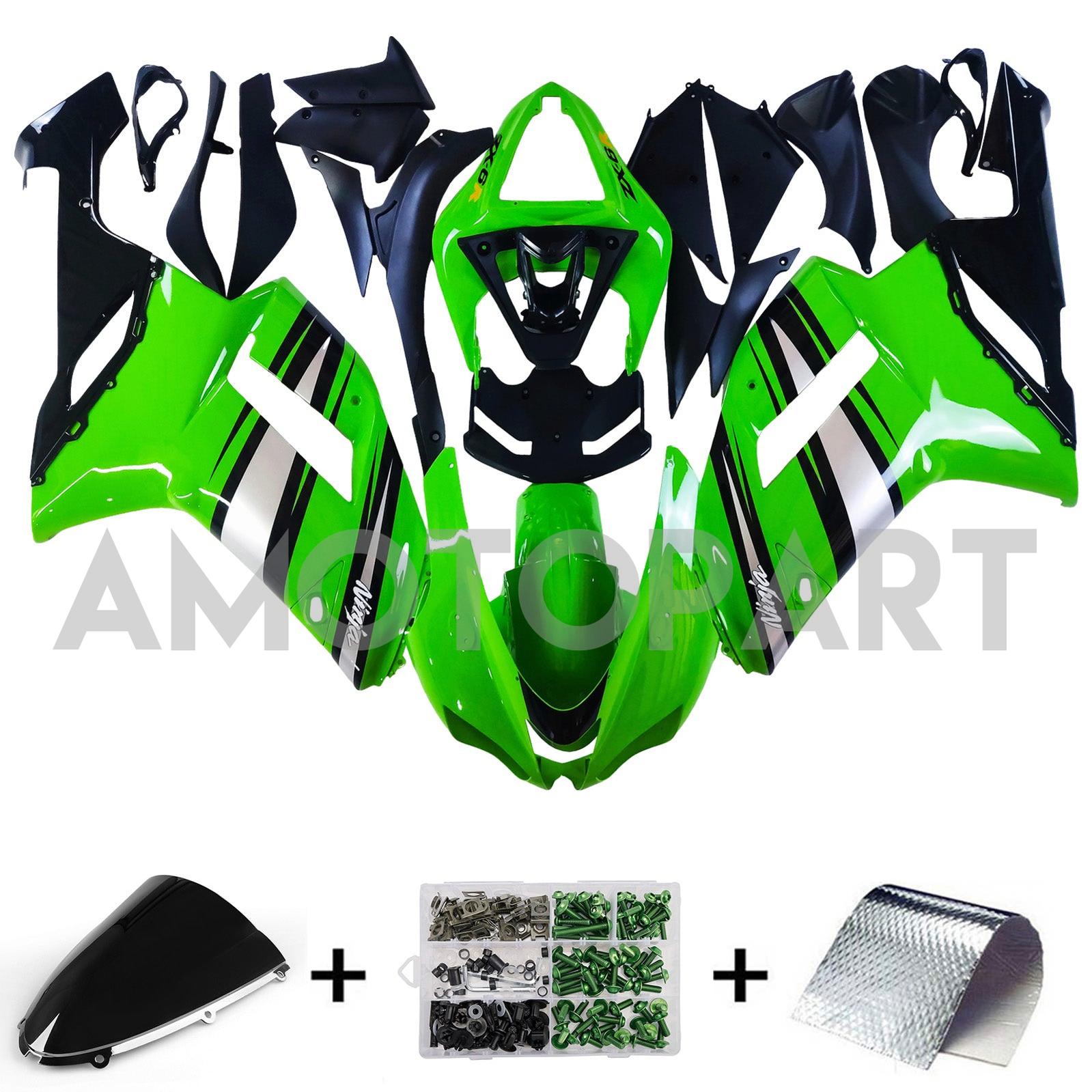 Amotopart 2007-2008 Kawasaki ZX6R 636 Glänzende Silbergrün-Schwarzverkleidung Kit