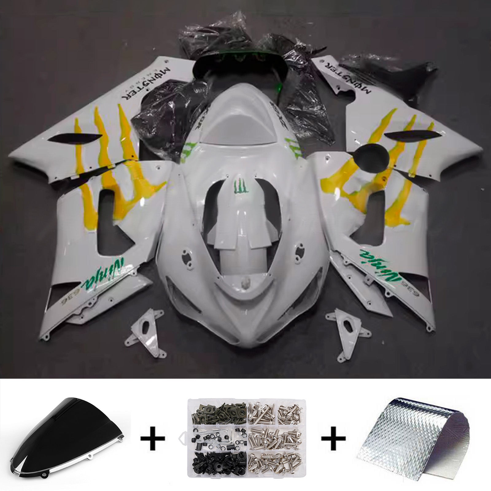 Amotopart 2005-2006 Kawasaki ZX6R 636 White Yellow Green Fairing Kit