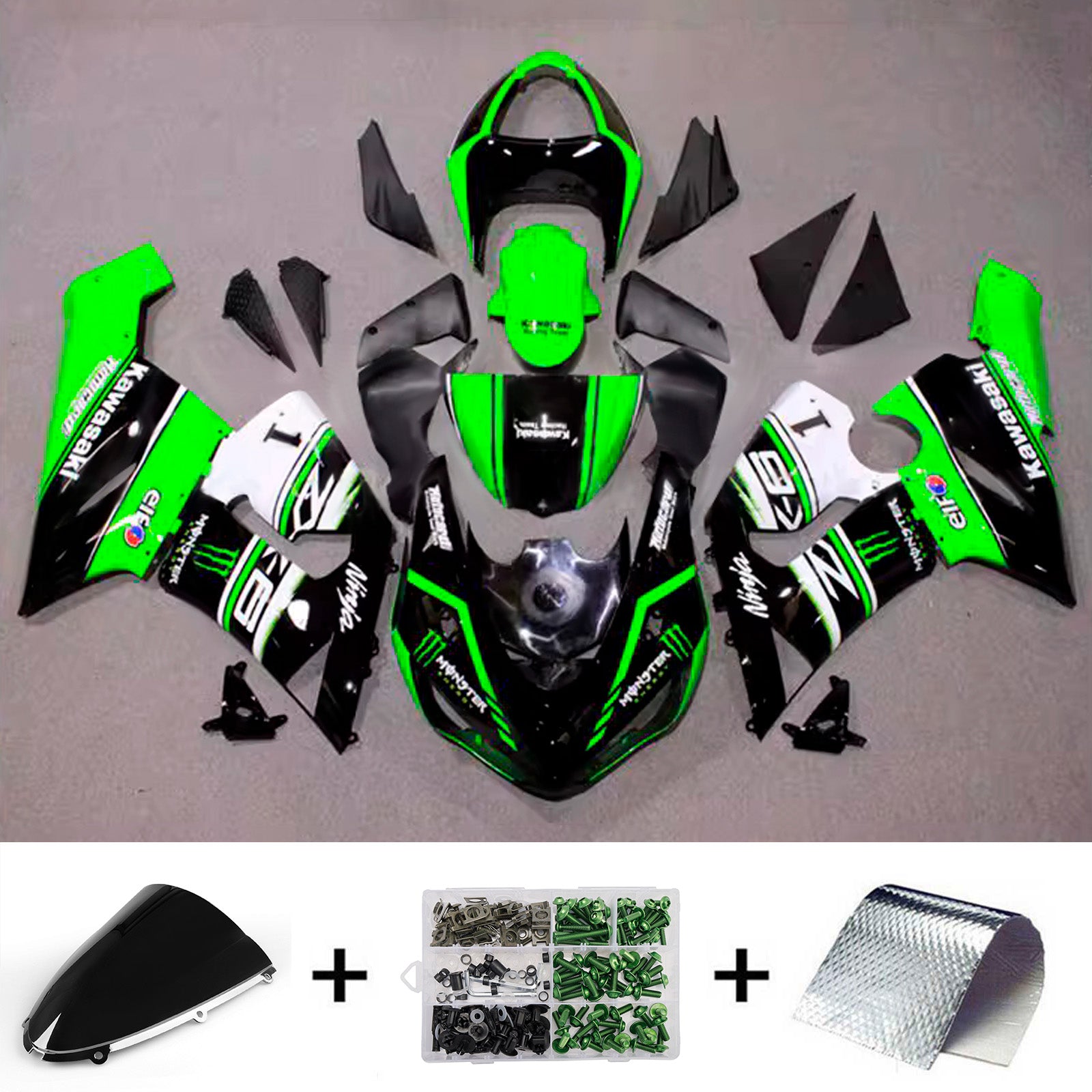 Amotopart 2005-2006 Kawasaki ZX6R 636 Black Green Fairing Kit