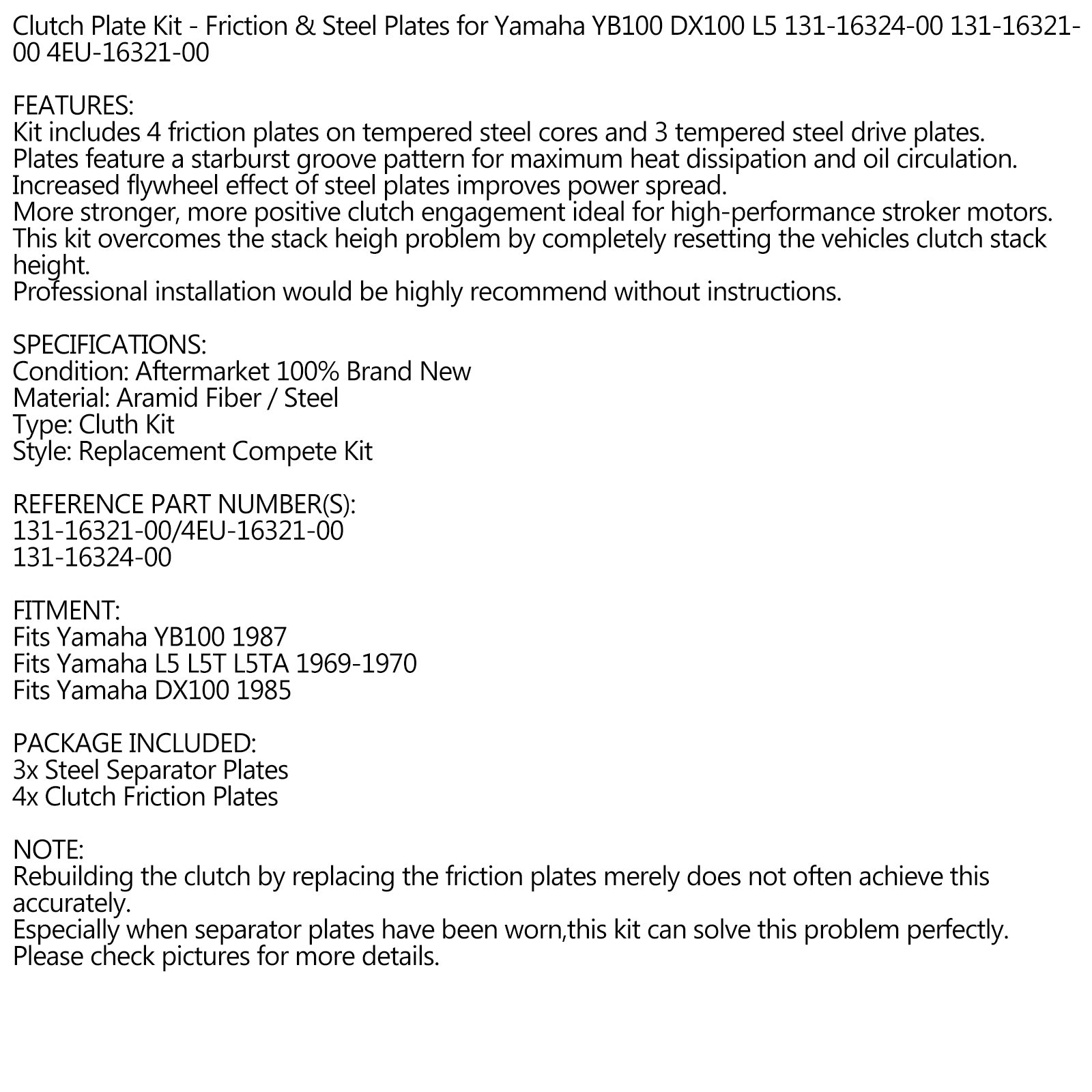 1969-1987 Yamaha YB100 DX100 L5 L5T L5TA Kupplungssatz Stahl & Reibscheiben 4EU-16321-00 131-16321-00 131-16324-00