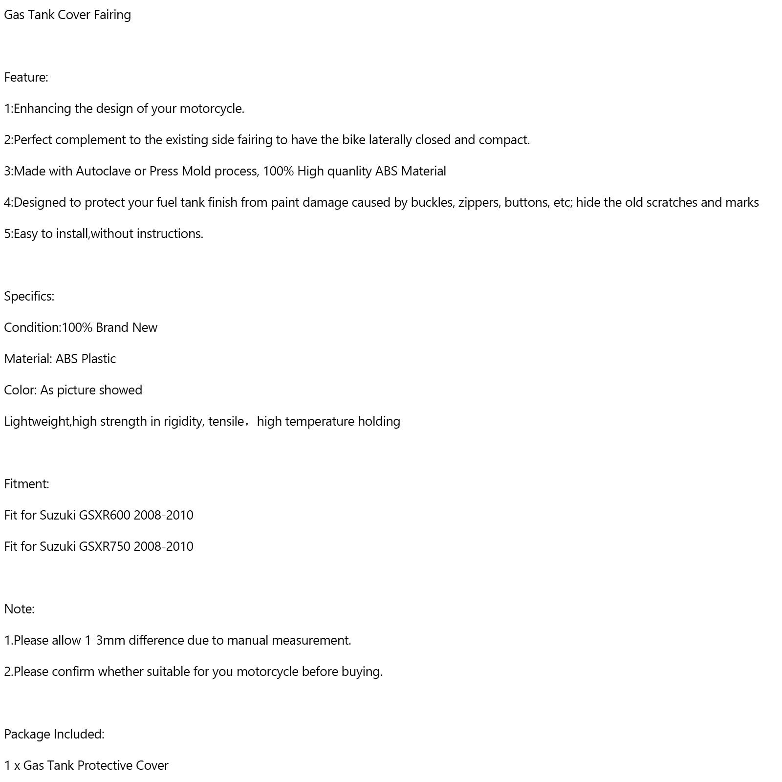 Gas Tank Cover Fairing Protector For Suzuki GSXR600 GSXR 750 2008-2010 Carbon