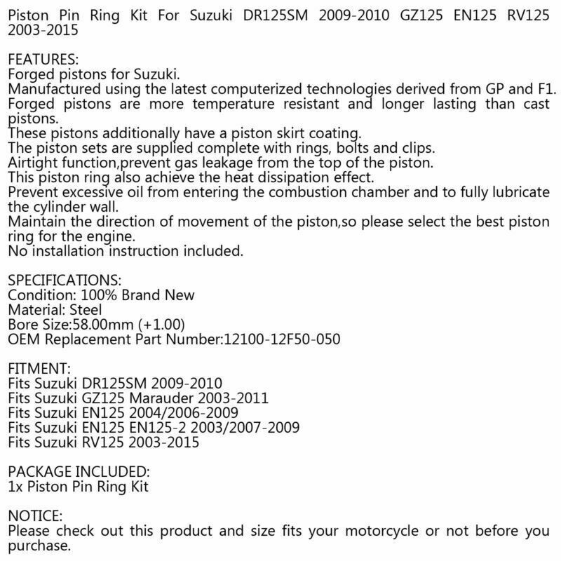 Suzuki DR125SM 09-10 GZ125 EN125 RV125 03-15 Piston Pin Ring Kit 12100-12F50-050