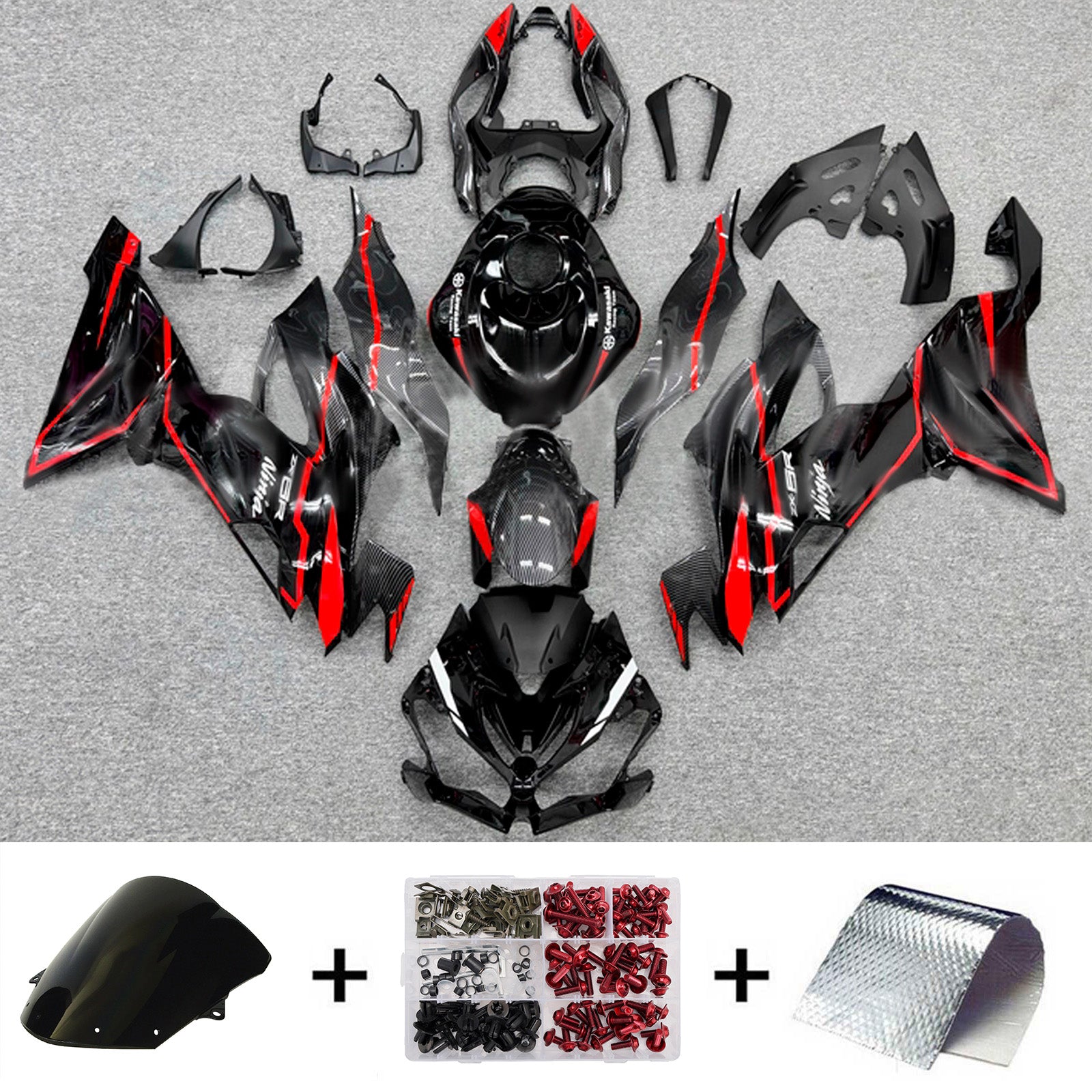 Amotopart 2019-2023 Kawasaki ZX6R Black Red Carbon Fiber Pattern Fairing Kit