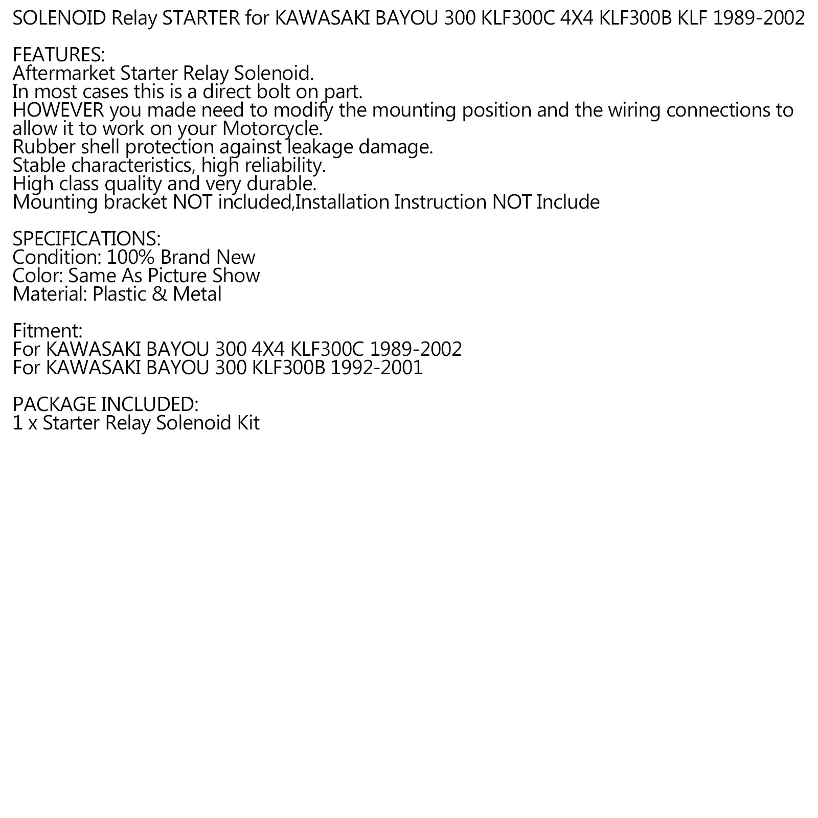 ソレノイドリレースターター KAWASAKI BAYOU 300 KLF300C 4X4 KLF300B KLF 1989-2002