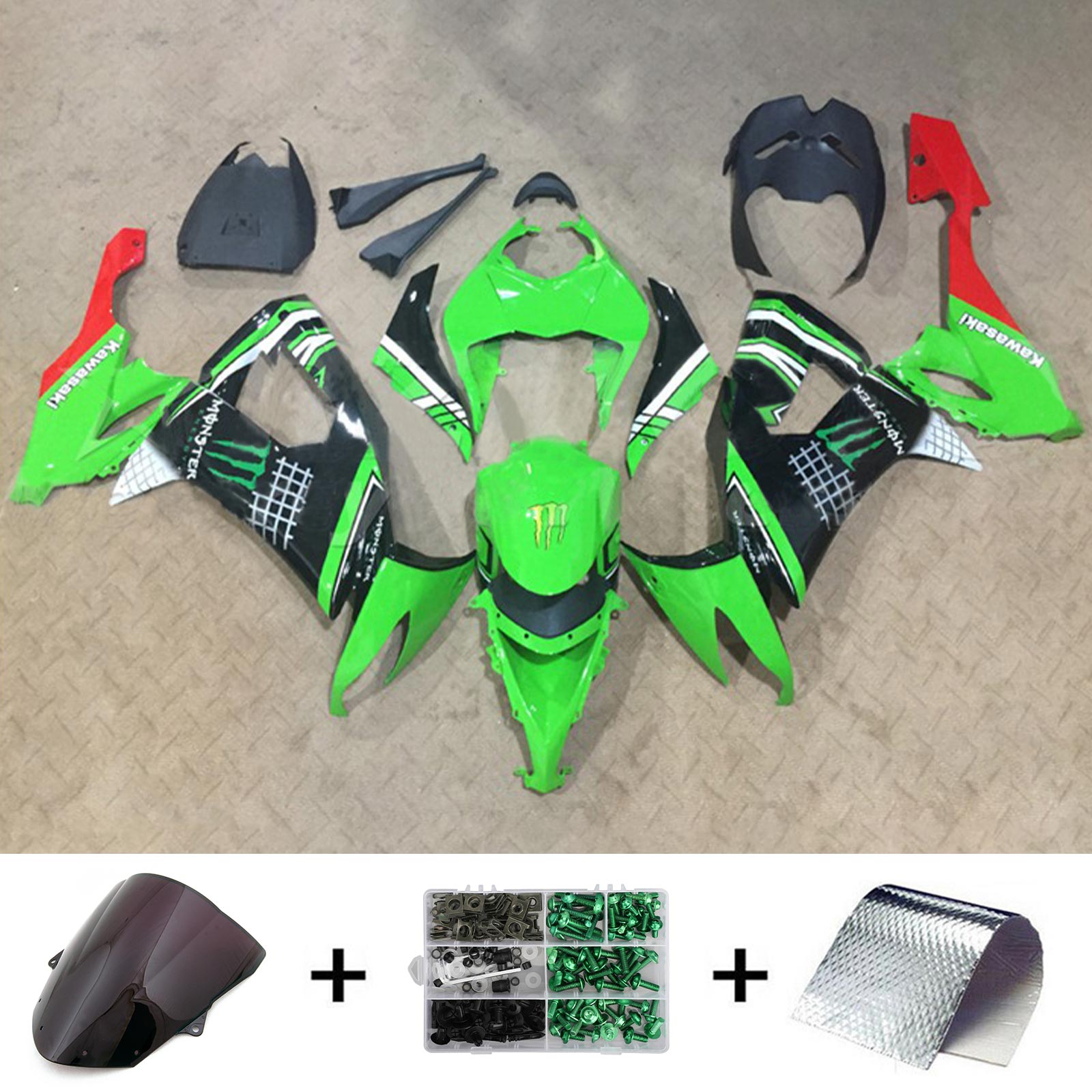 Amotopart 2008-2010 Kawasaki ZX10R Green & Red Style4 Fairing Kit