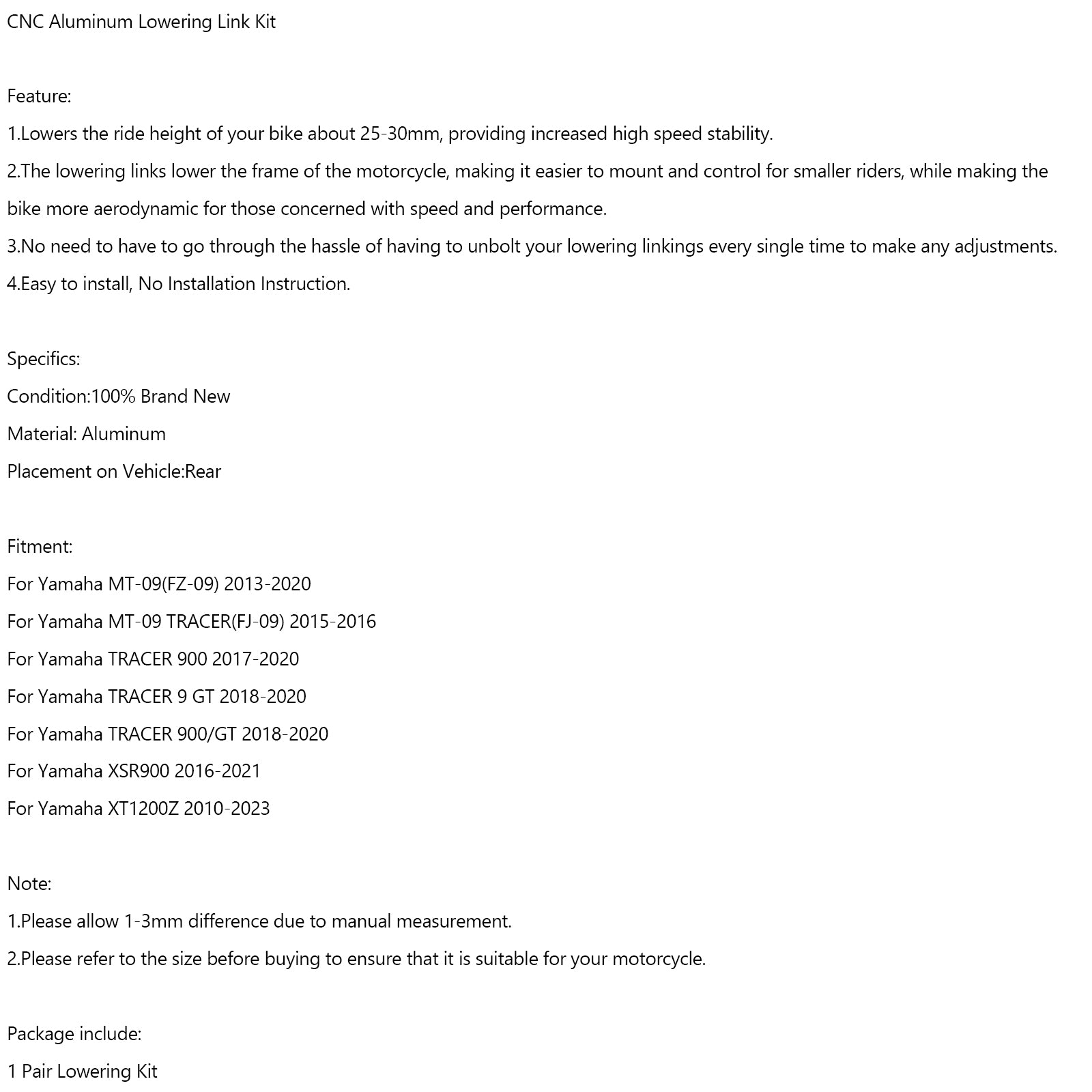 CNC アルミ下降リンクキットヤマハ MT-09 トレーサー 900 XSR900 XT1200Z