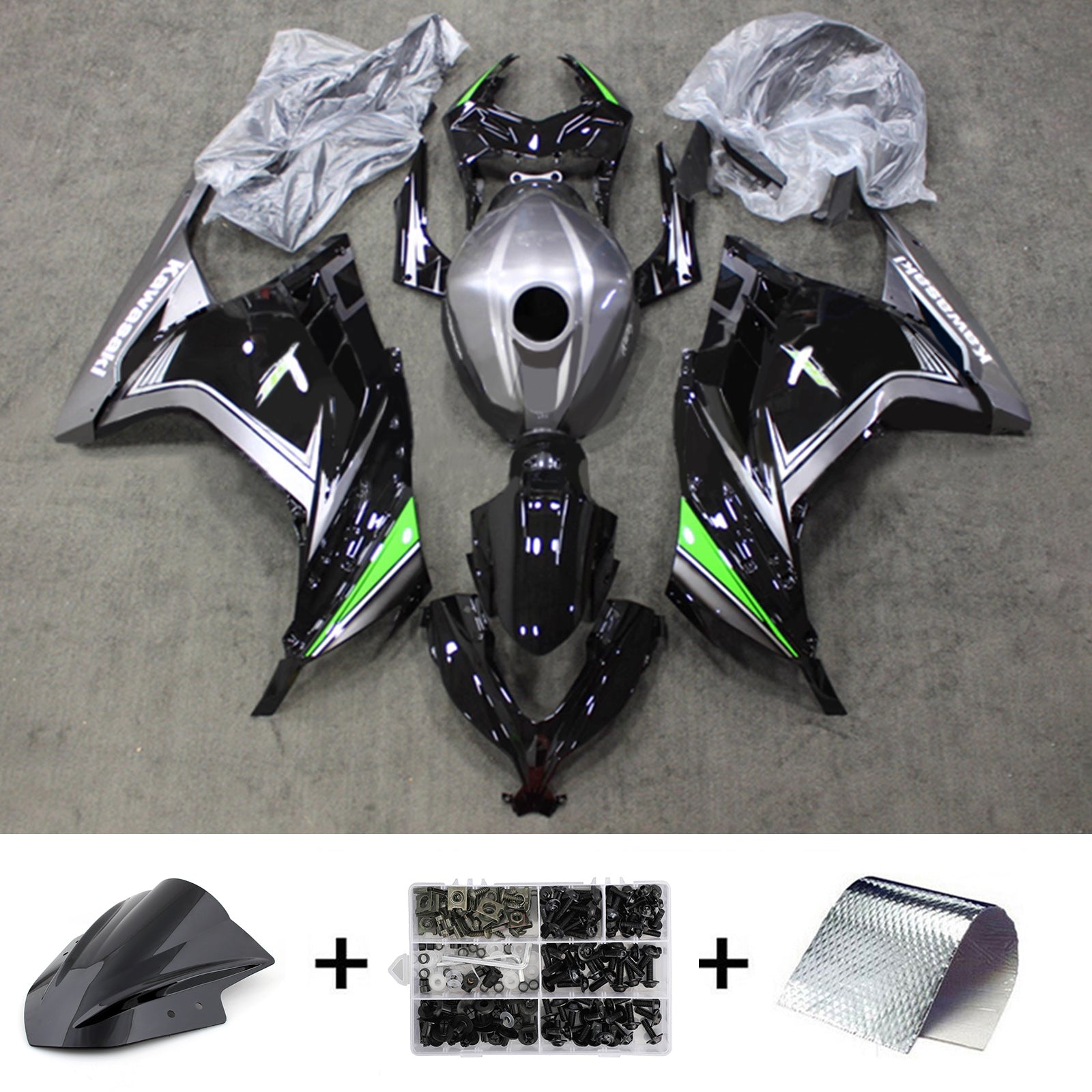 Amotopart 2013-2024 Kawasaki EX300/Ninja300 Glossy Black Grey Green Fairing Kit