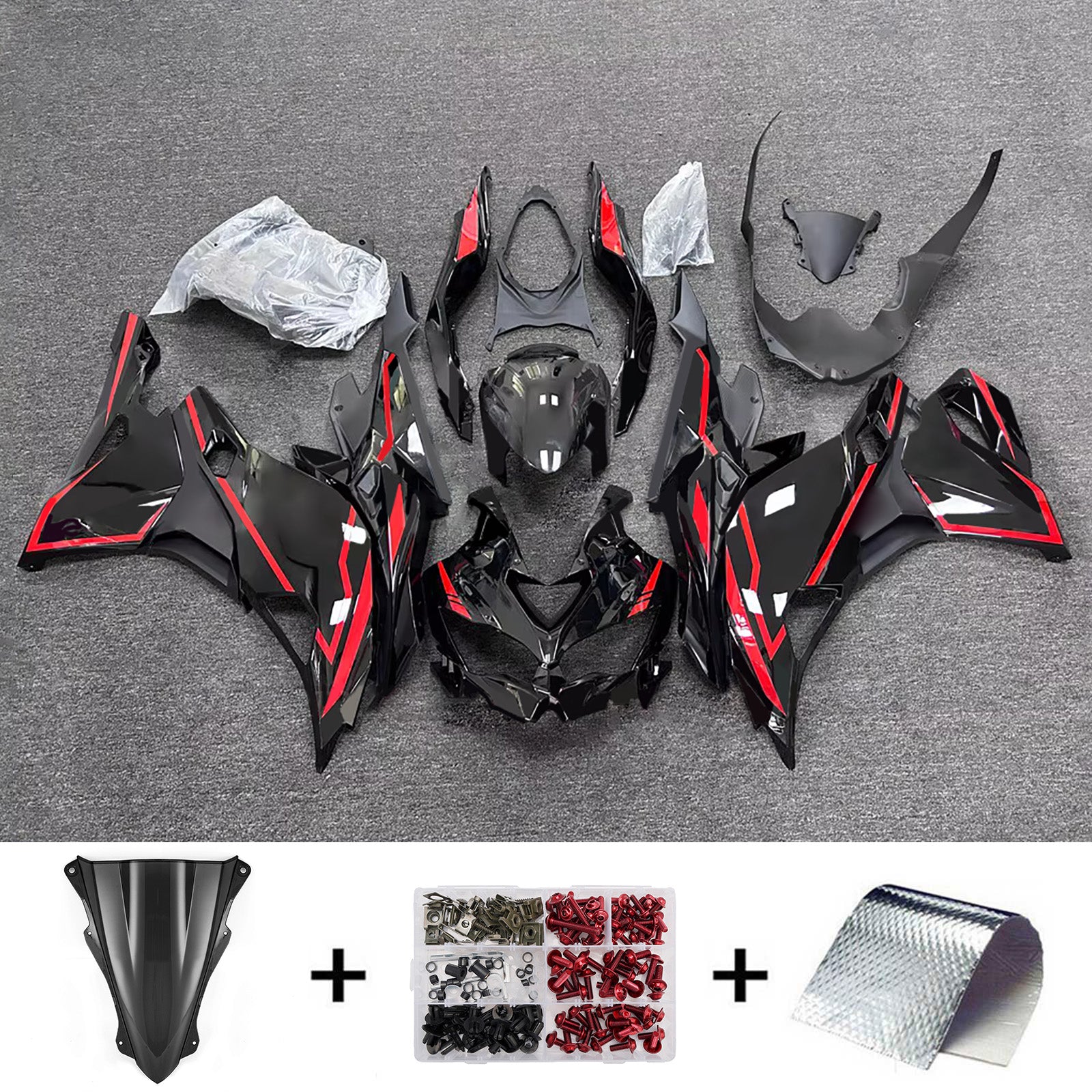 Amotopart 2019-2022 Kawasaki Ninja ZX-25R 2023-2025 Kawasaki Ninja ZX-4R/ZX-4RR Black Red Fairing Kit