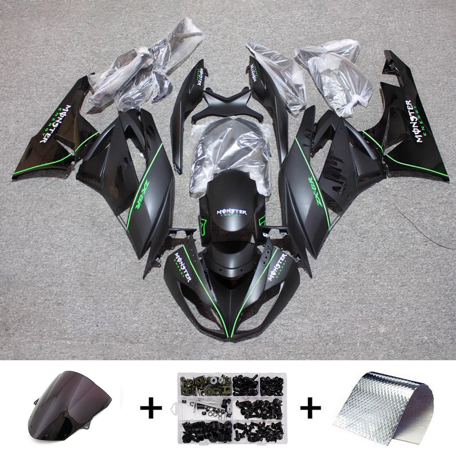 Amotopart 2009-2012 Kawasaki ZX6R 636 Black Green Fairing Kit