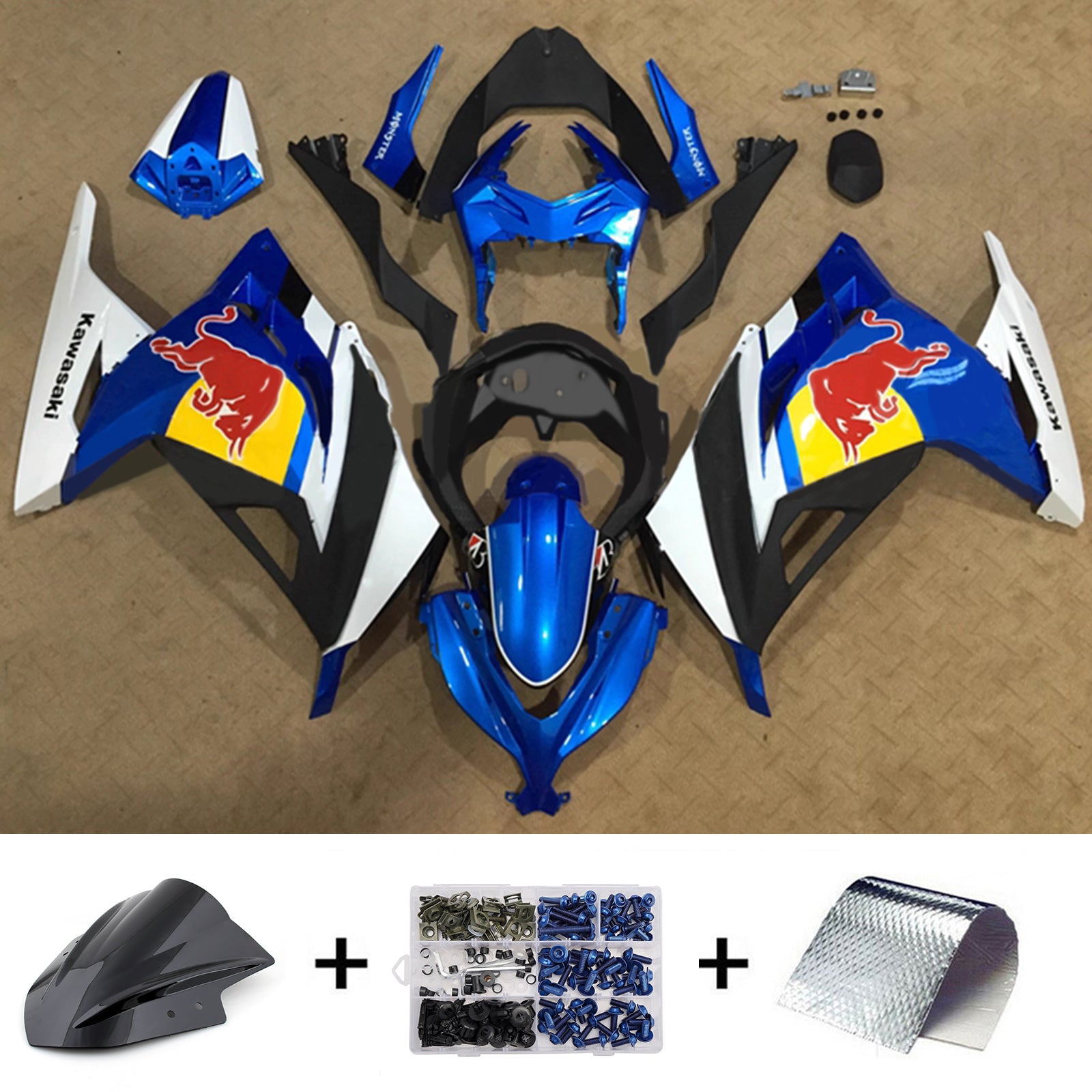 Amotopart 2013-2024 Kawasaki EX300/Ninja300 Blue Black White Red Bull Fairing Kit