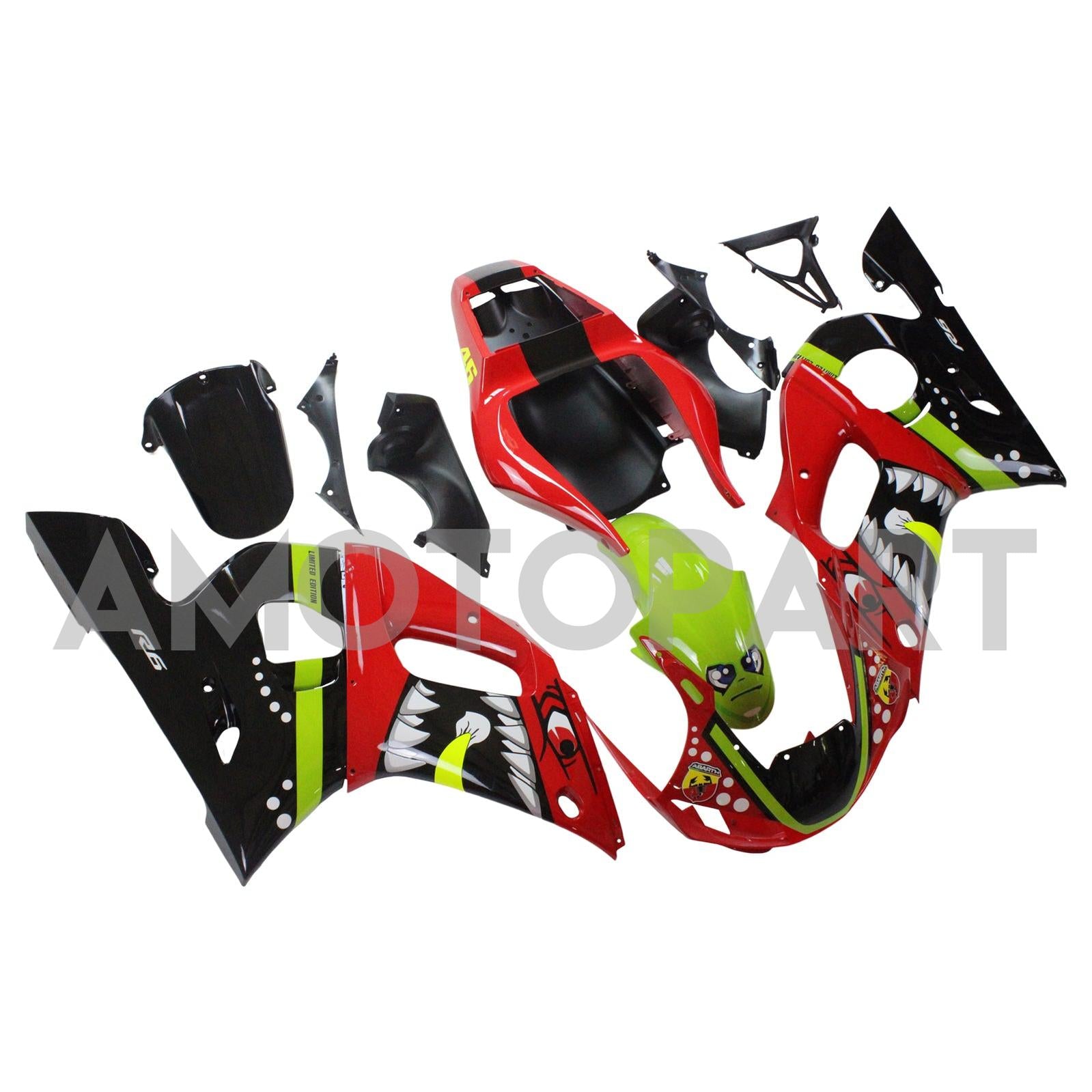 Amotopart 1998-2002 YZF 600 R6 Yamaha Rouge&Kit de carénage dents de requin vertes