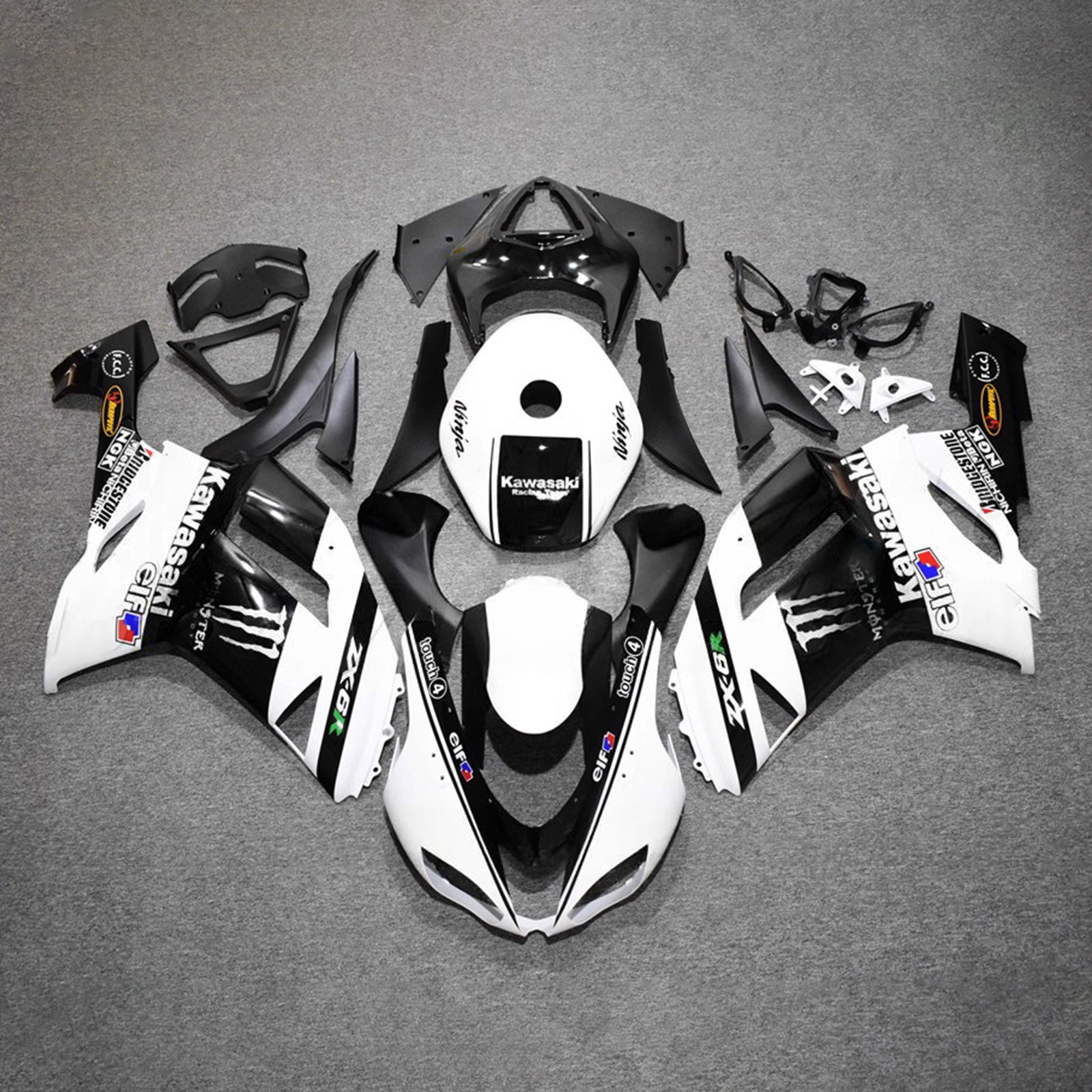 Amotopart 2007-2008 Kawasaki ZX6R 636 Black White Fairing Kit