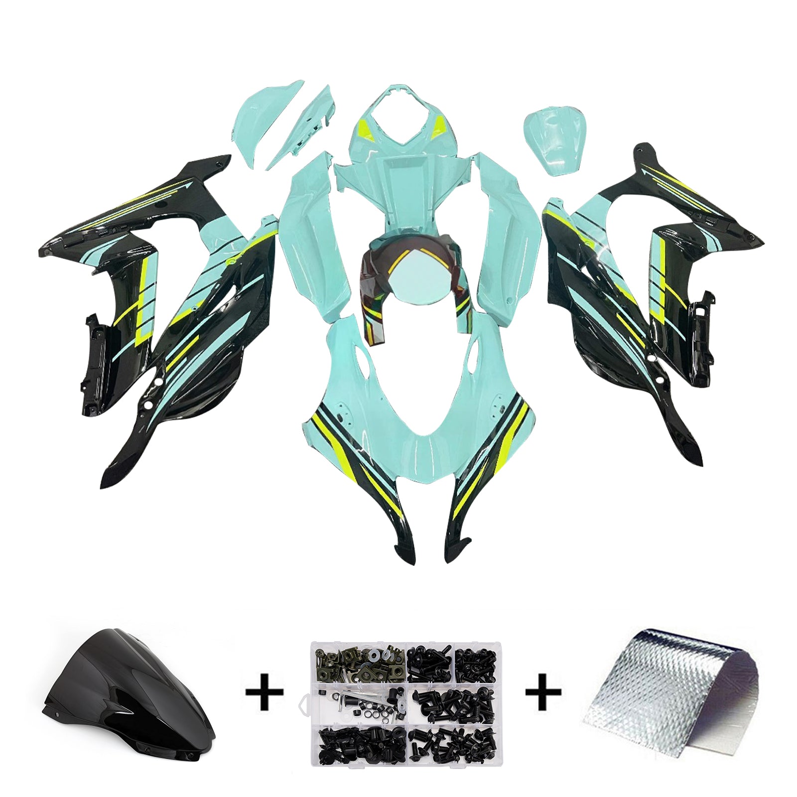 Amotopart 2016-2020 Kawasaki ZX10R Black Light Blue Fairing Kit