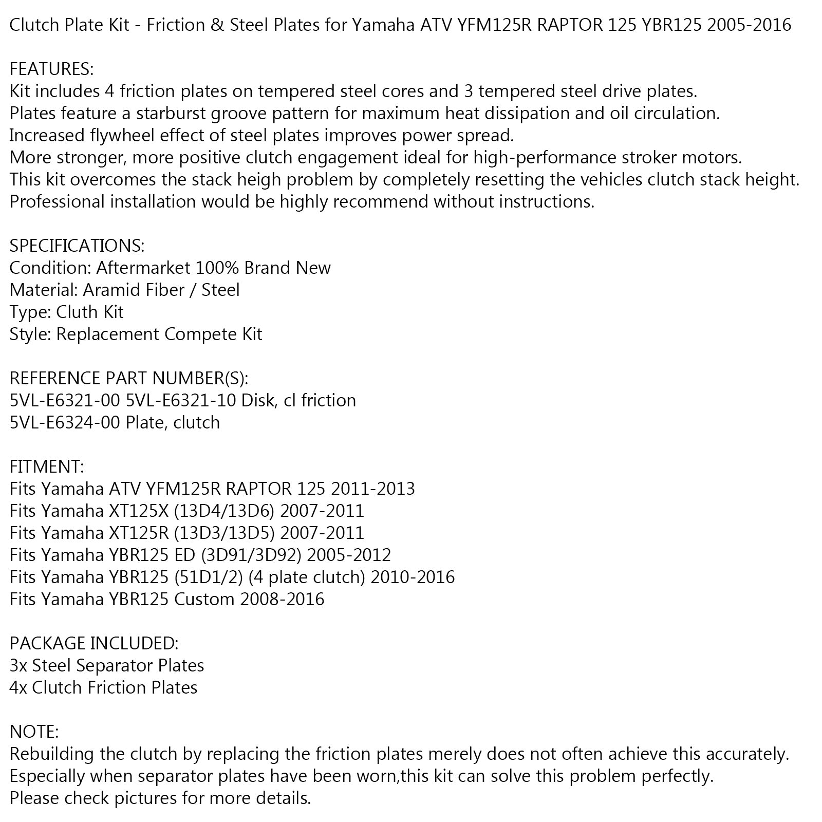 Clutch Kit Steel & Friction Plates for Yamaha YFM125R Raptor 125 YBR125 05-2016