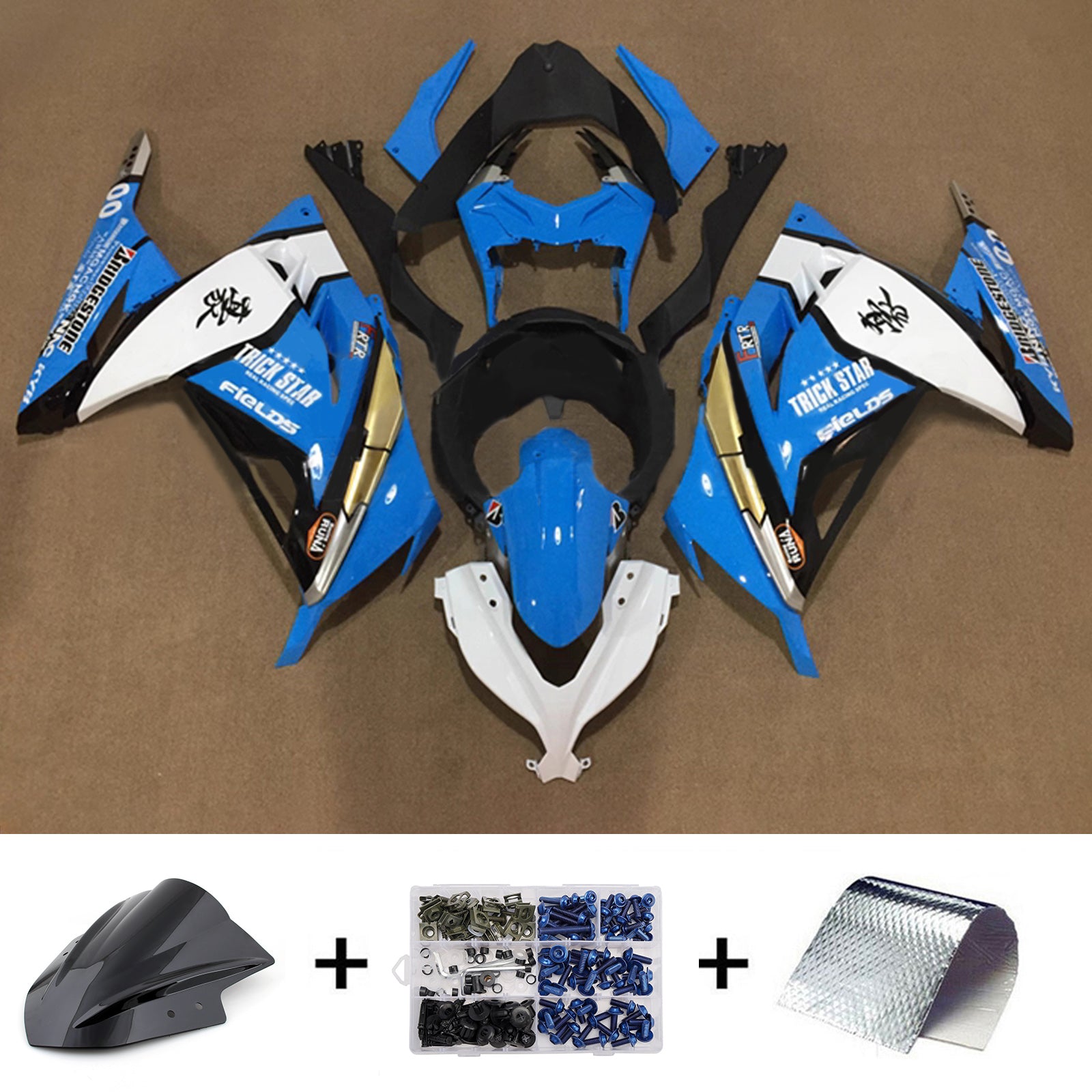 Amotopart 2013-2024 Kawasaki EX300/Ninja300 Blue Black White Fairing Kit