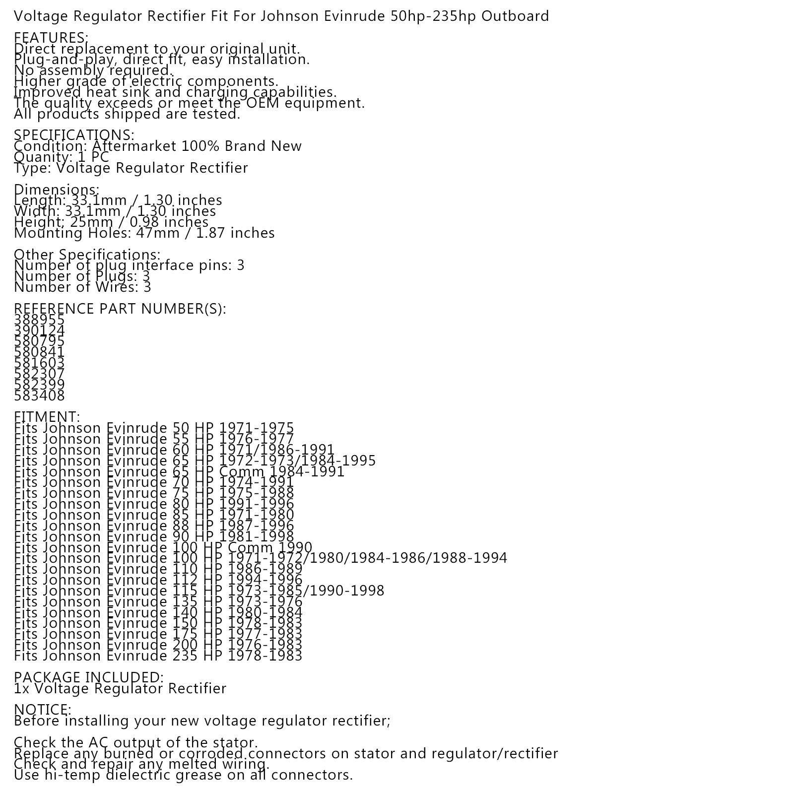 REGULATEUR REXTEUR ASSIMENTS pour Johnson Evinrude Outboards 582399 583408 580795 générique générique