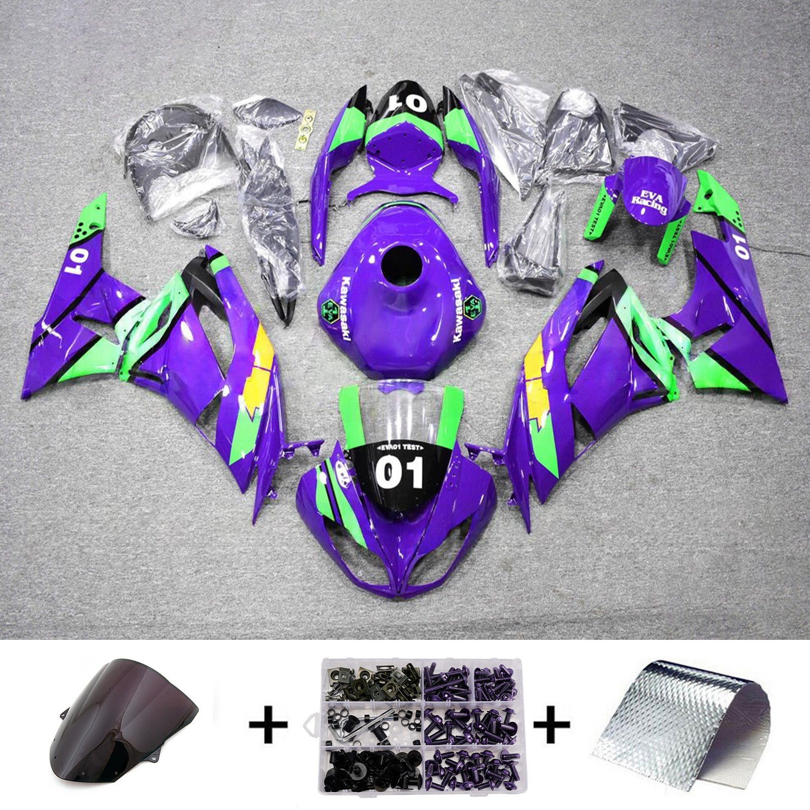 Amotopart 2009-2012 Kawasaki ZX6R 636 Purple Green Black Fairing Kit