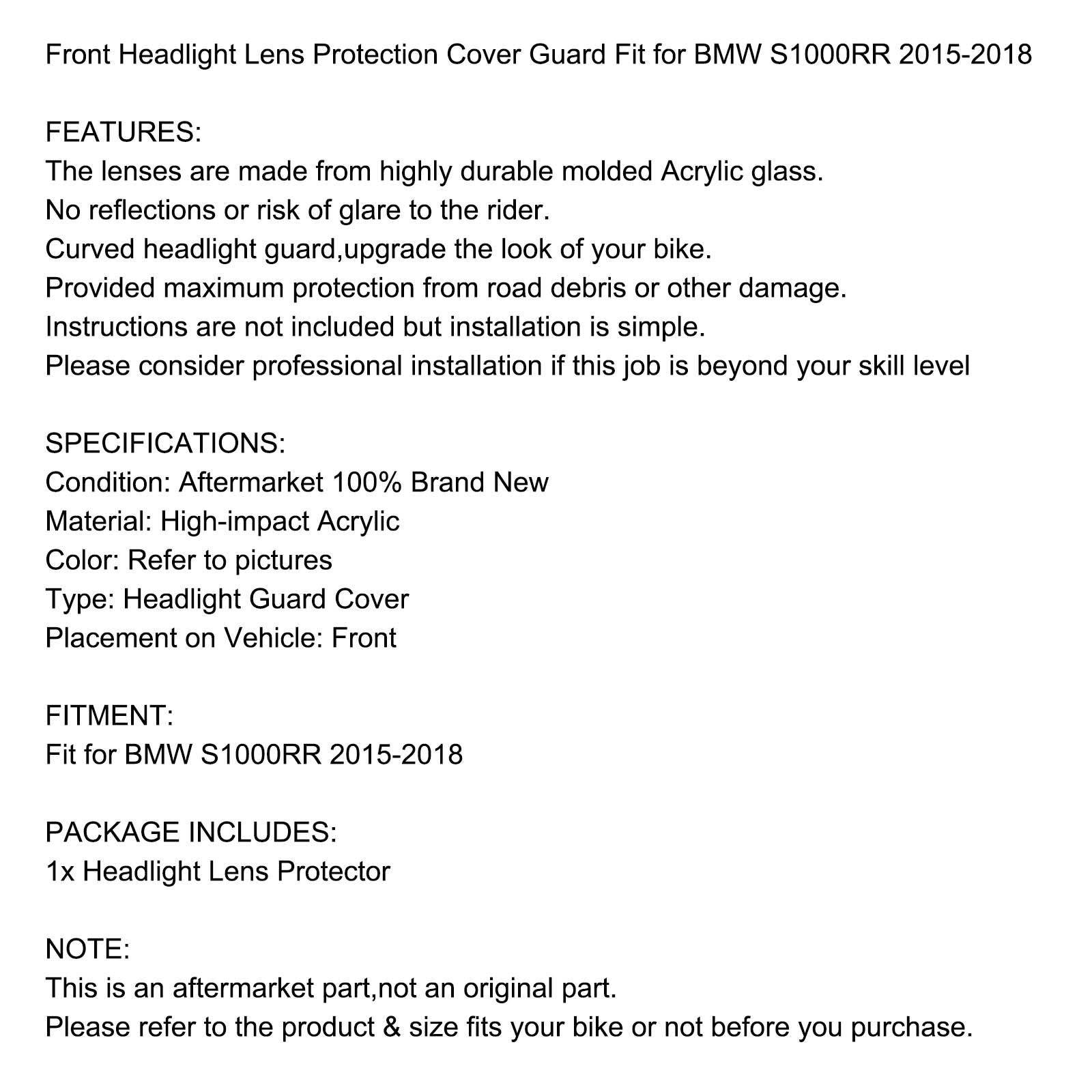 Lente de proteção contra lente do farol frontal Tampa de lente Fit for BMW S1000RR 15-18 Fumaça genérica