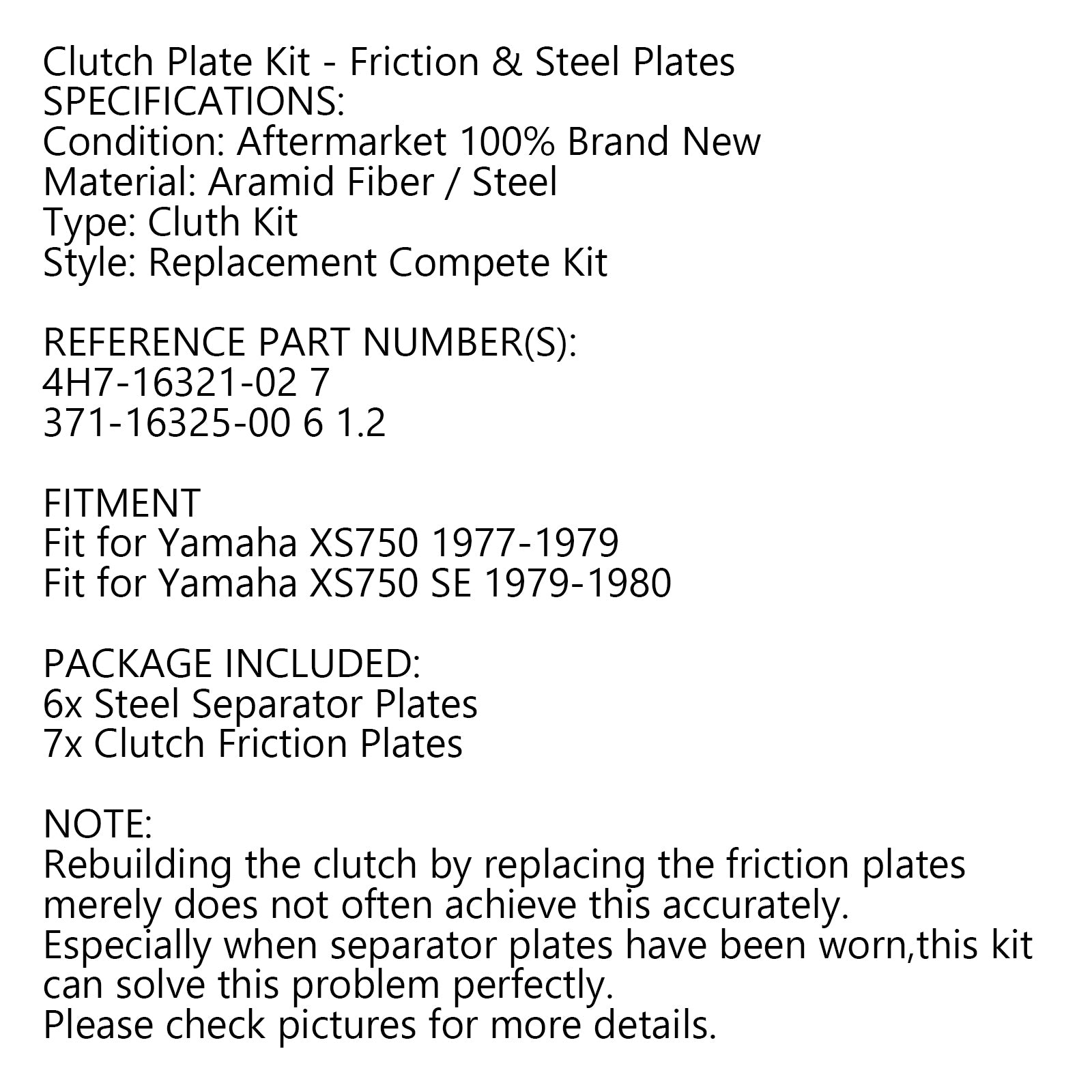 1977-1979 Yamaha XS750 1979-1980 XS750 SE Clutch Kit Iron & Friction Plates
