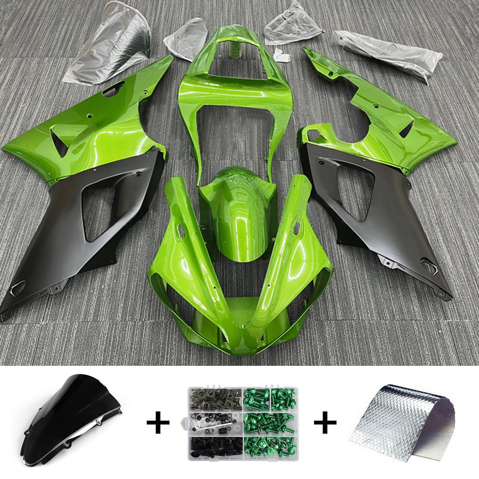Amotopart 2000-2001 YZF 1000 R1 Yamaha Green & Black Style 1 Zestaw owiewki
